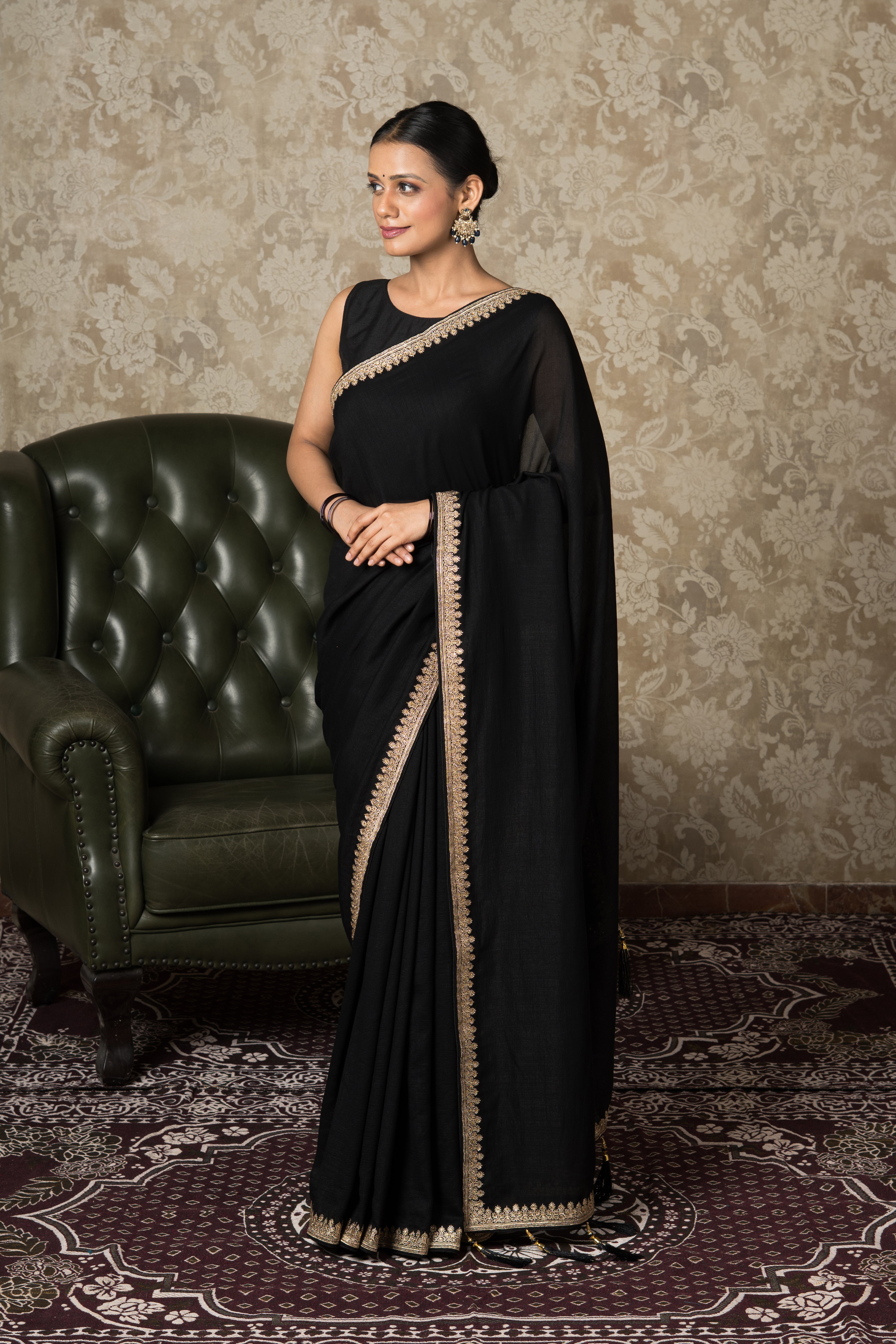 Black Jute Silk Saree With Stonework