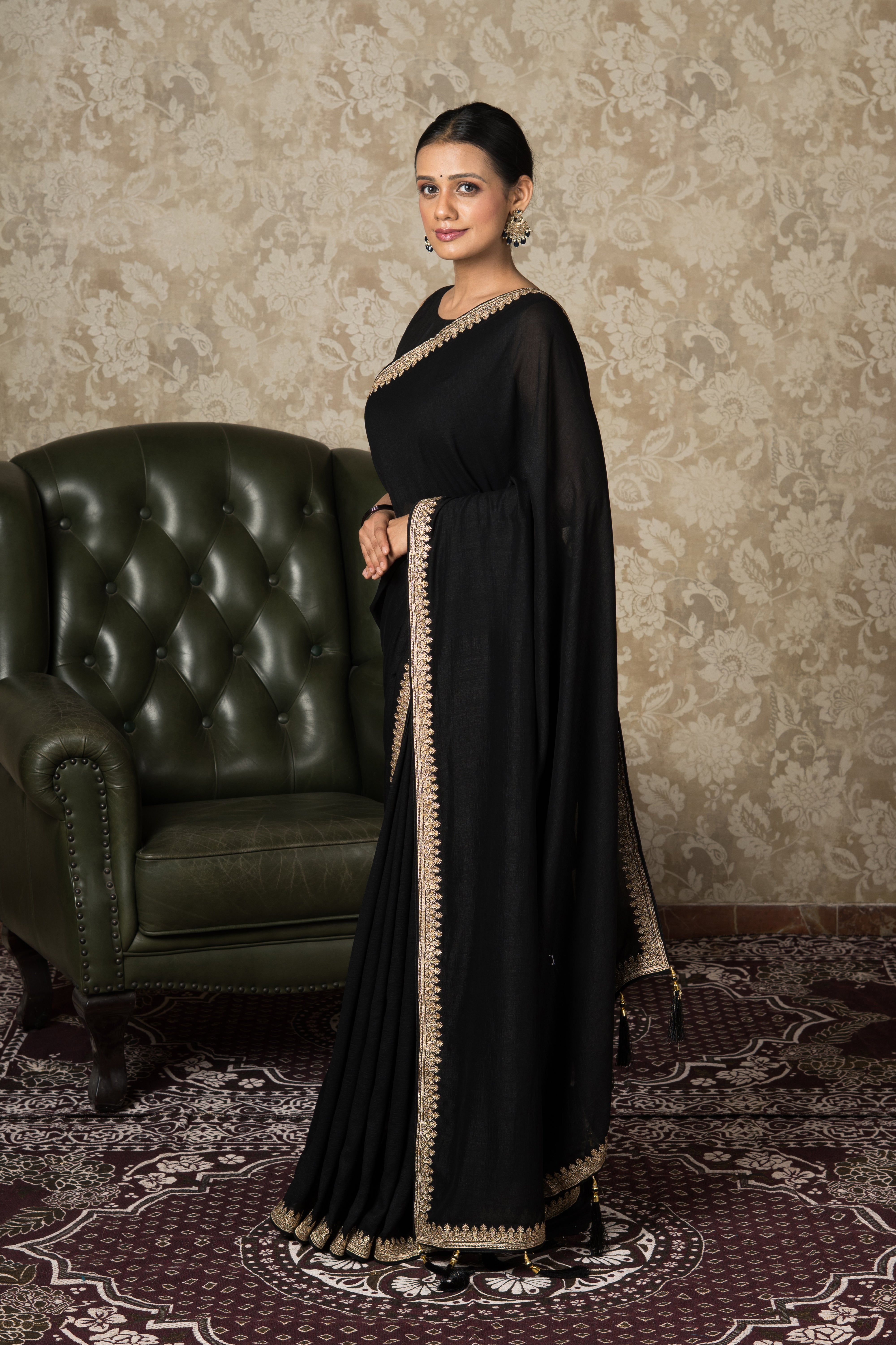Black Jute Silk Saree With Stonework