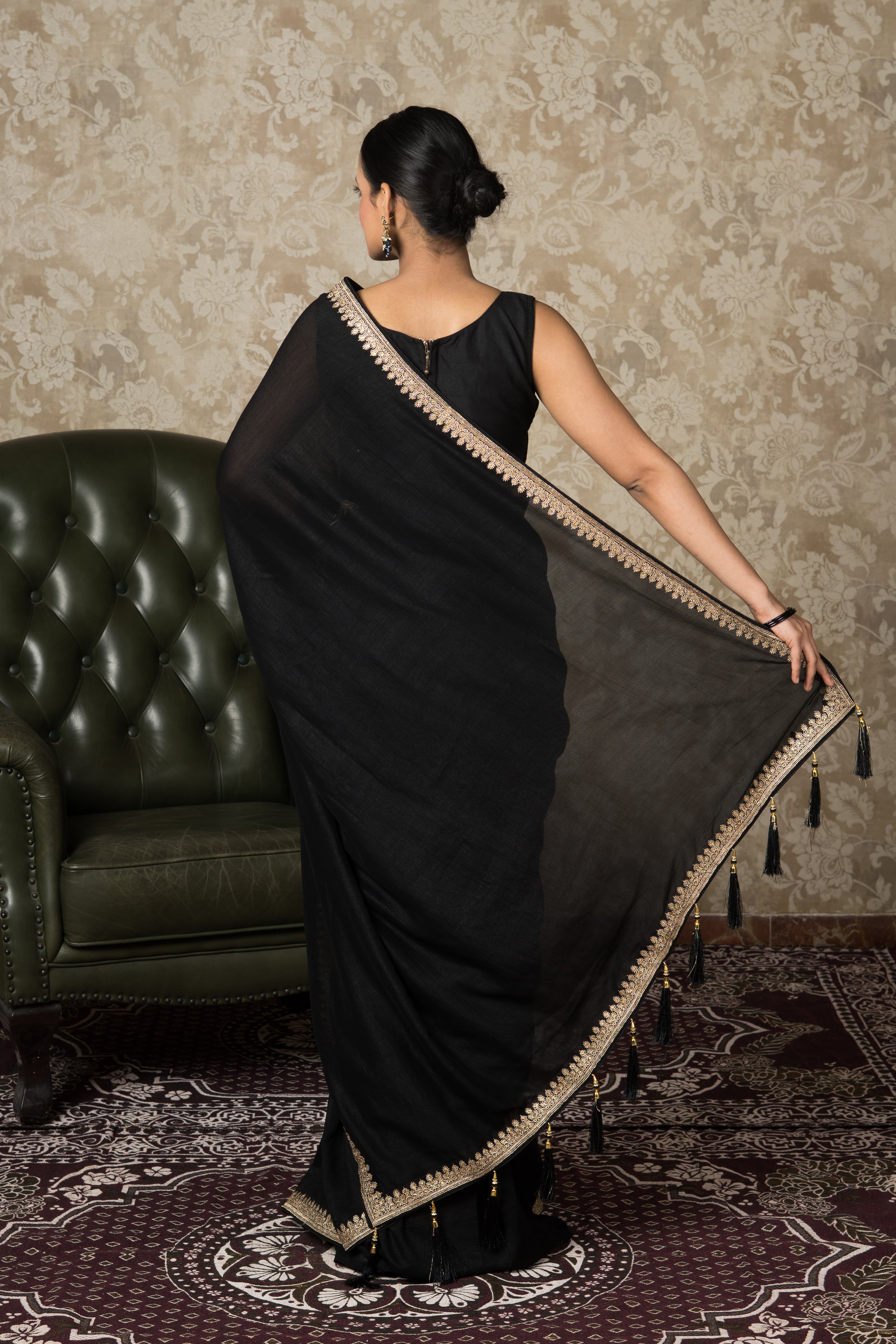 Black Jute Silk Saree With Stonework