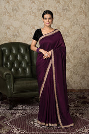 Wine Jute Silk Saree With Stonework