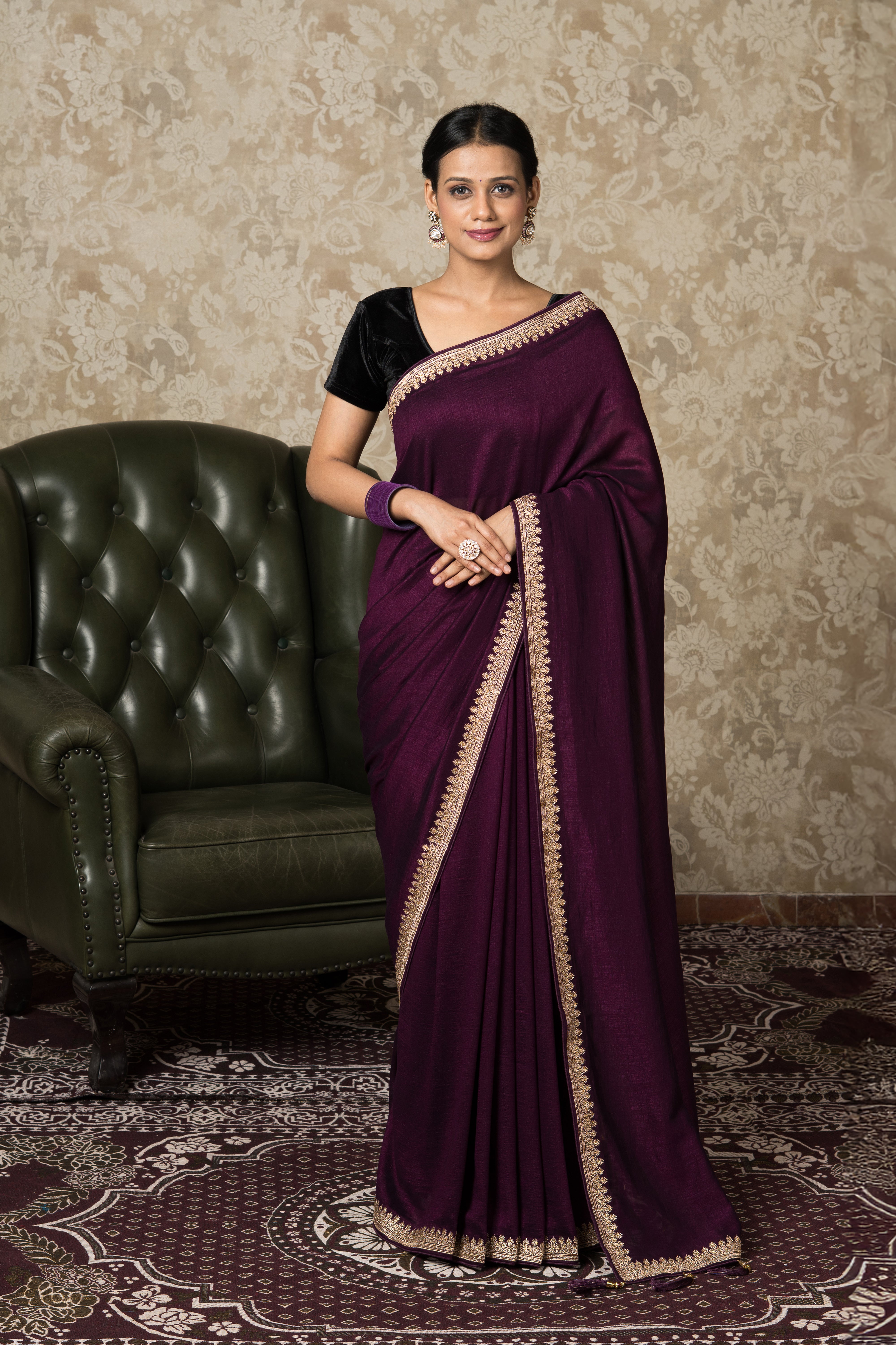 Wine Jute Silk Saree With Stonework