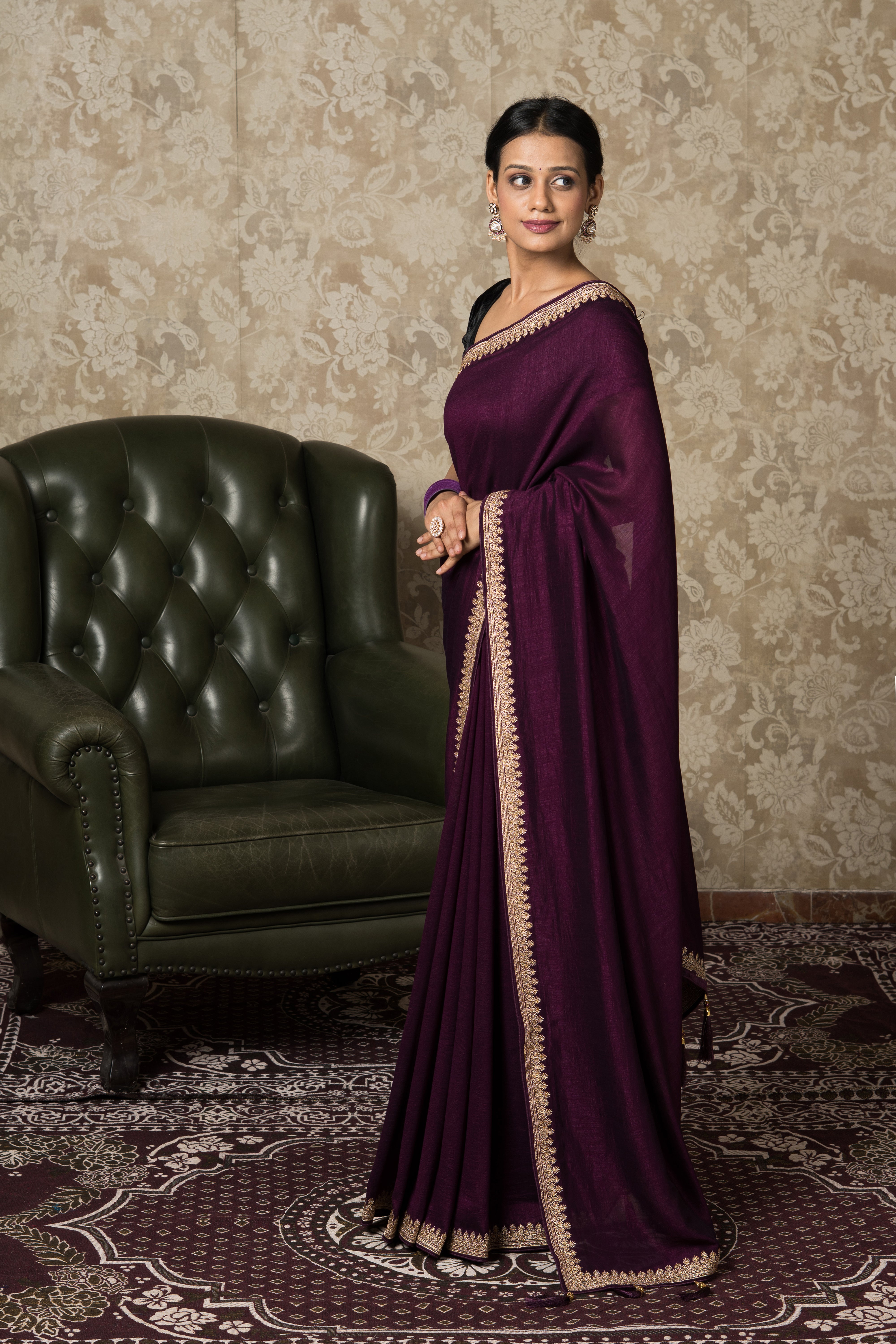 Wine Jute Silk Saree With Stonework