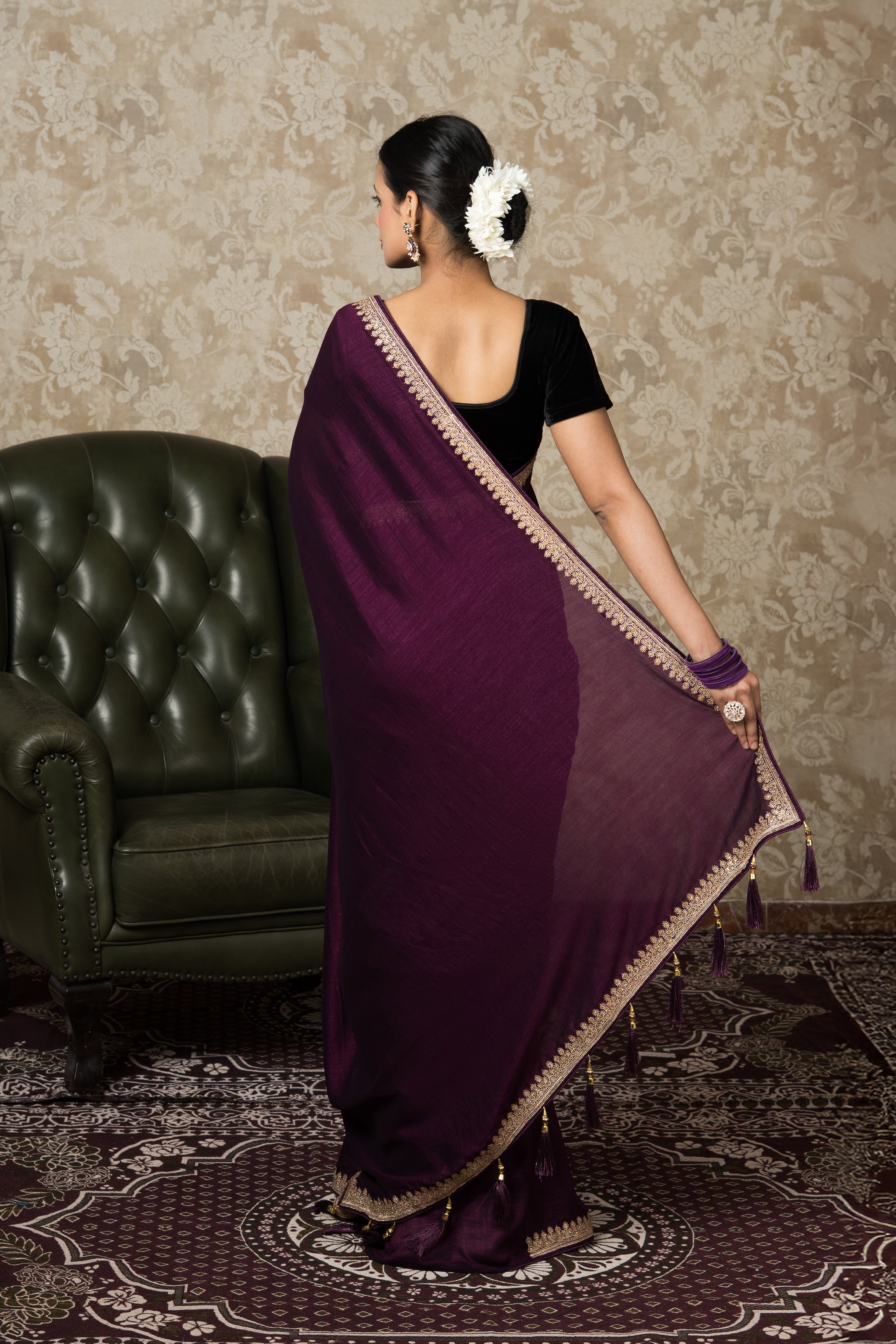 Wine Jute Silk Saree With Stonework