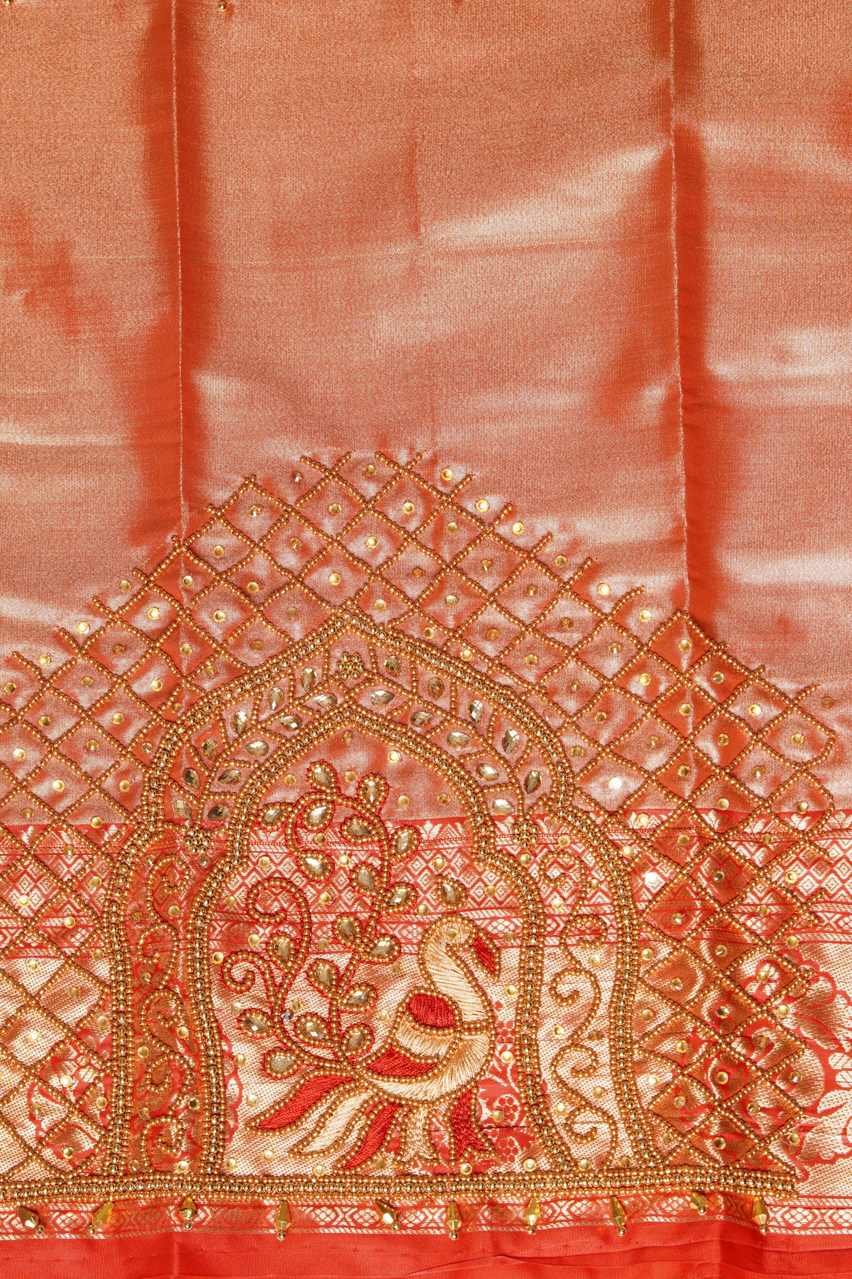 Reddish-Gold Tissue Silk Kanjivaram Saree with Stone Work