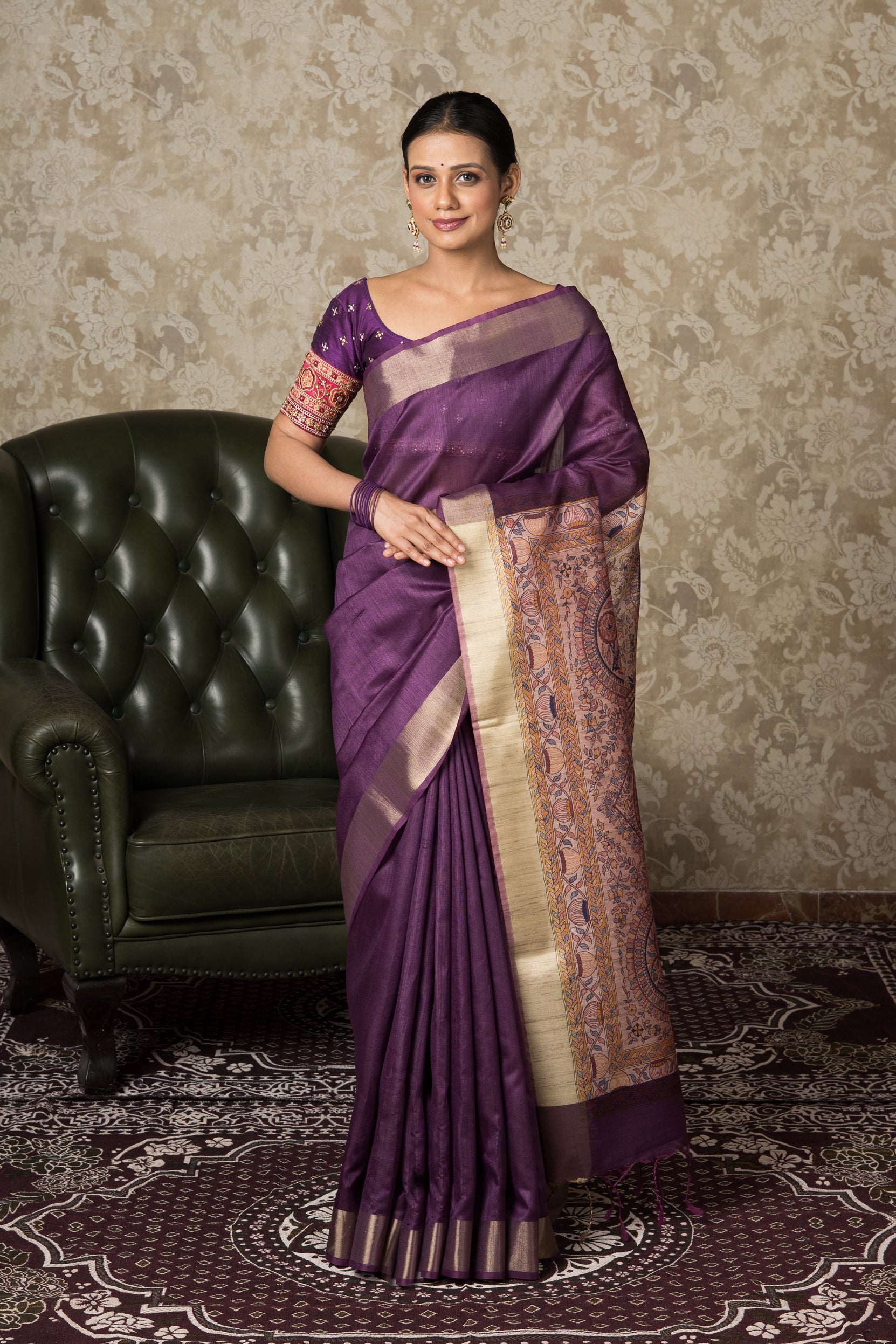 Purple Tussar Silk Saree With Madhubani Print