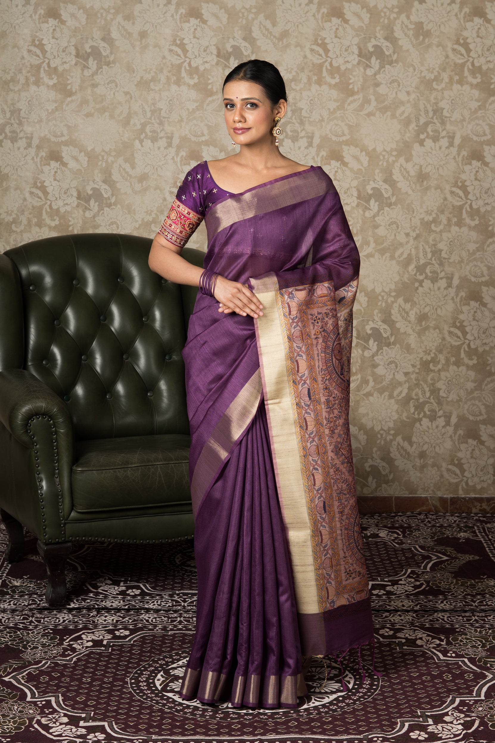Purple Tussar Silk Saree With Madhubani Print