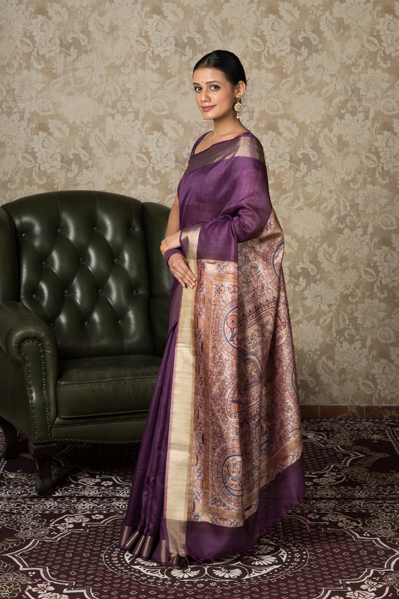 Purple Tussar Silk Saree With Madhubani Print
