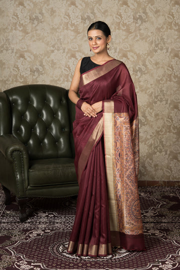 Maroon Tussar Silk Saree With Madhubani Print