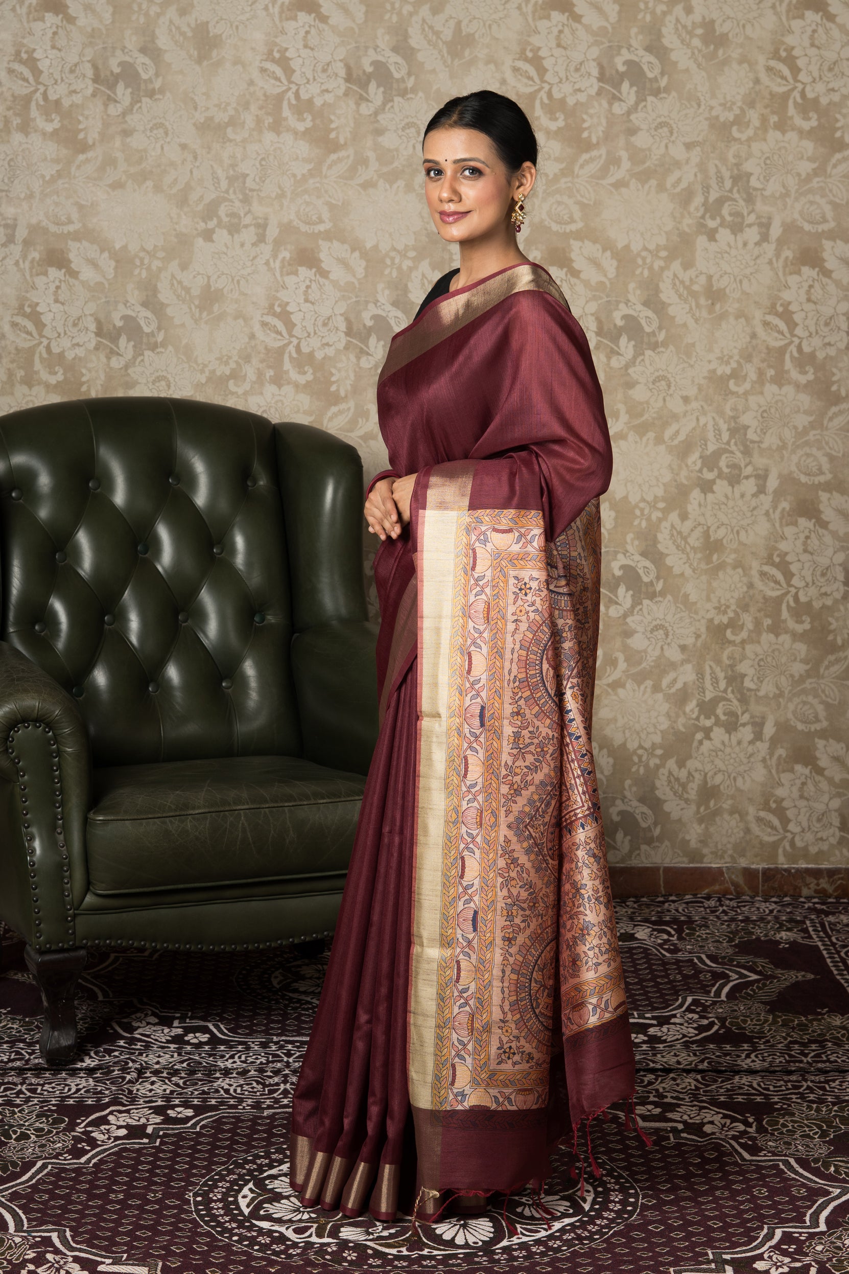 Maroon Tussar Silk Saree With Madhubani Print