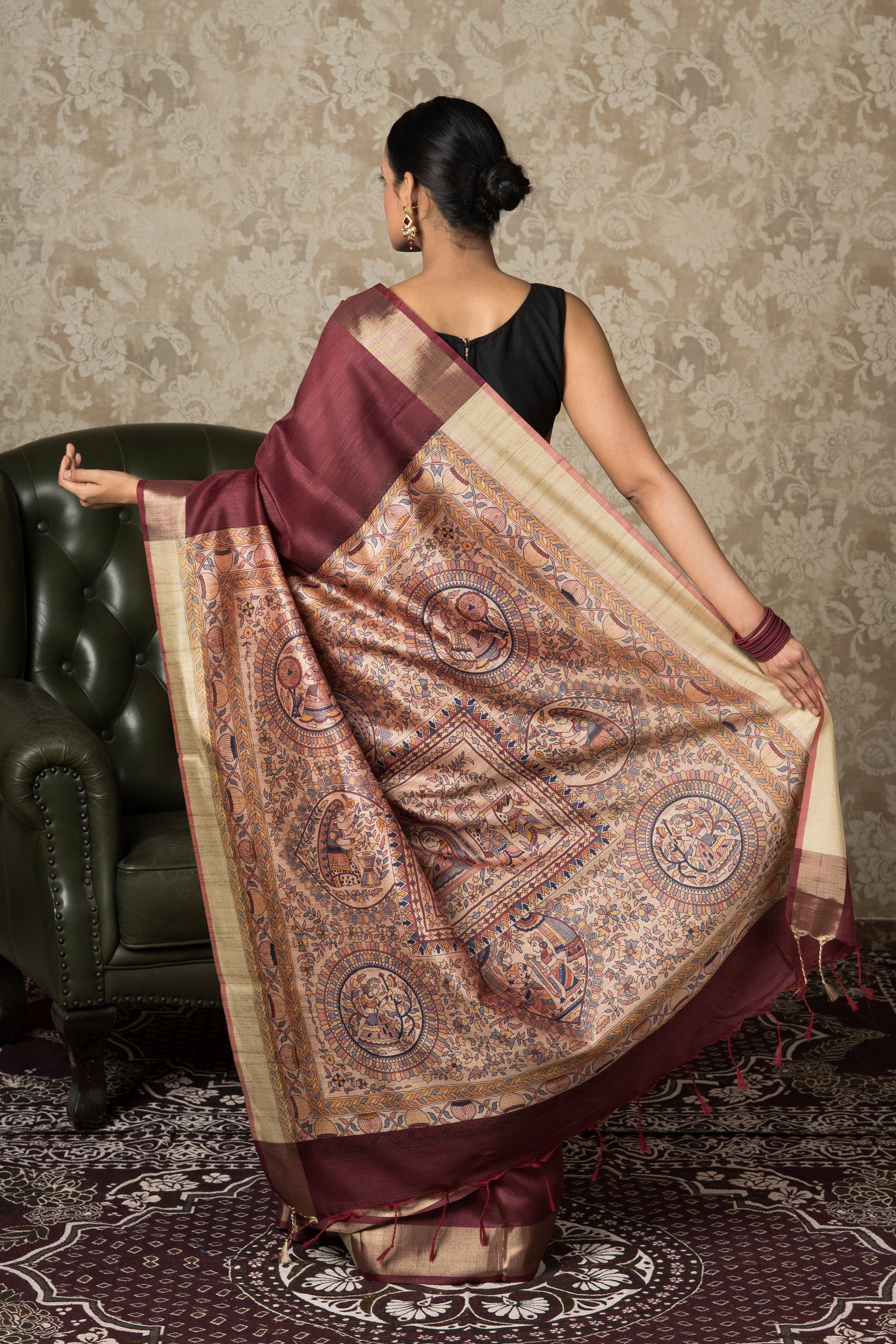 Maroon Tussar Silk Saree With Madhubani Print