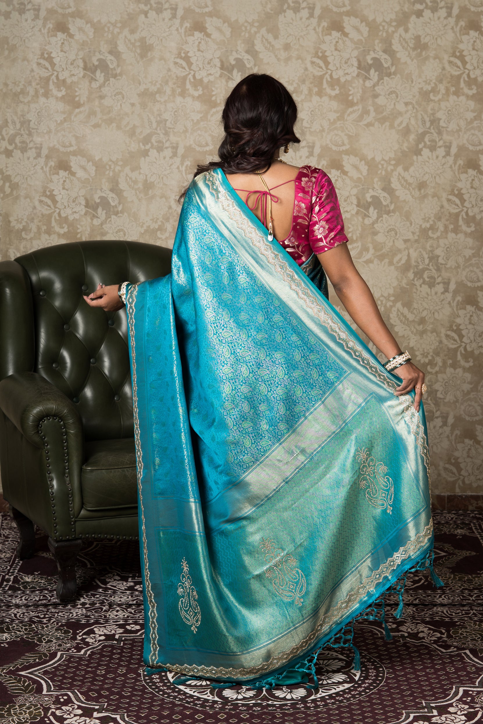 Peacock Green Katan Silk Banarasi Saree With Stonework
