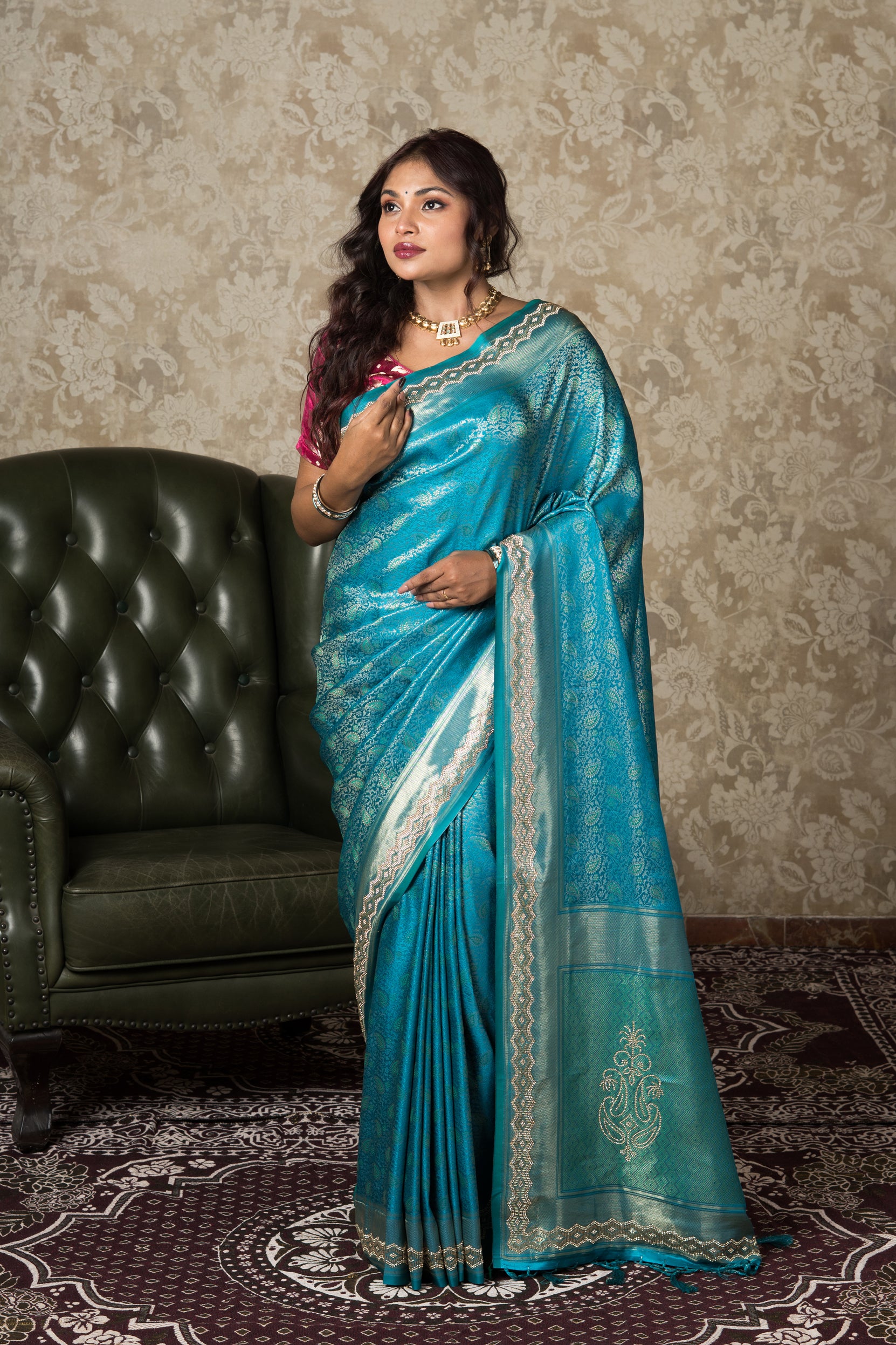 Peacock Green Katan Silk Banarasi Saree With Stonework