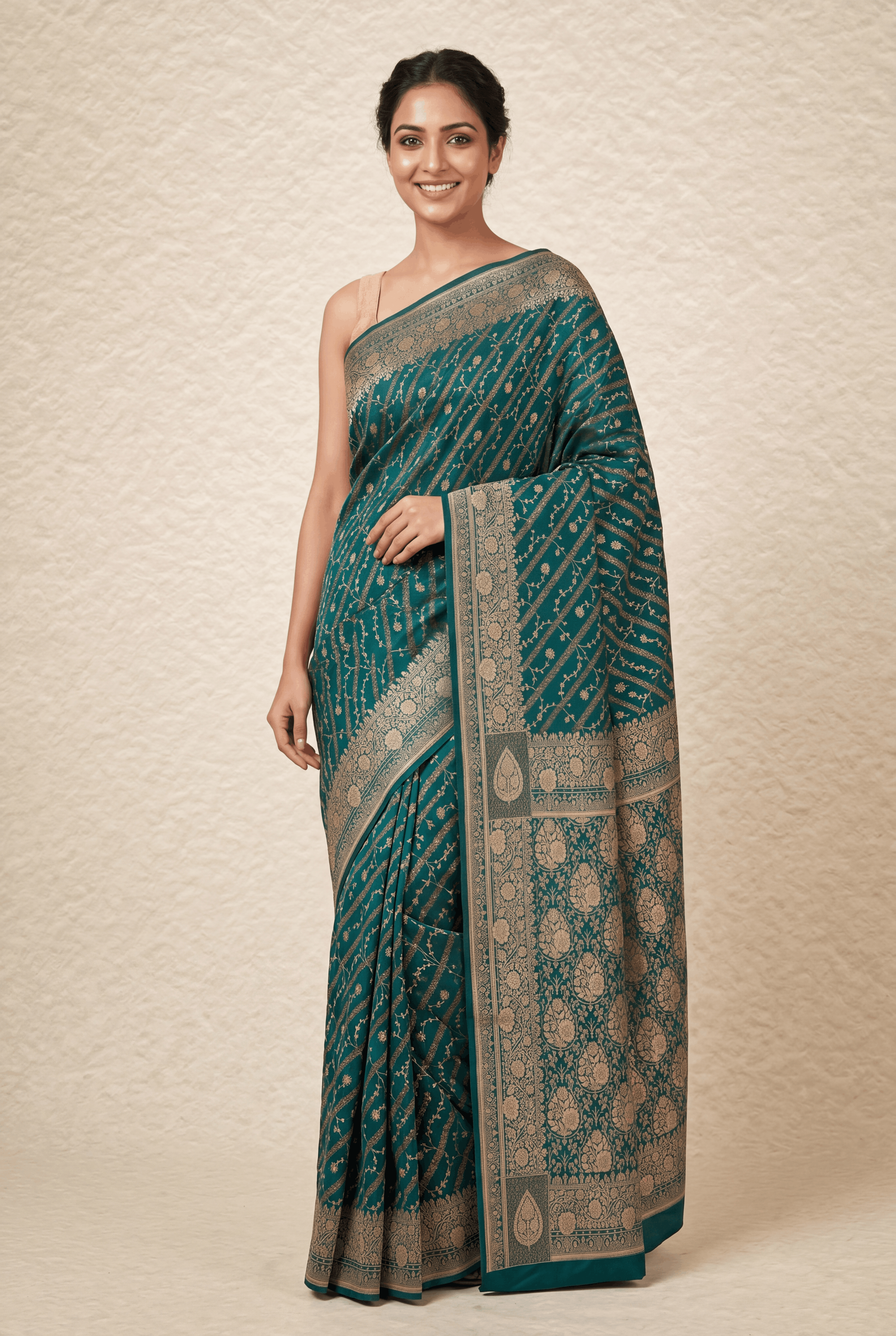 Peacock Green Katan Silk Banarasi Saree with Jaal pattern