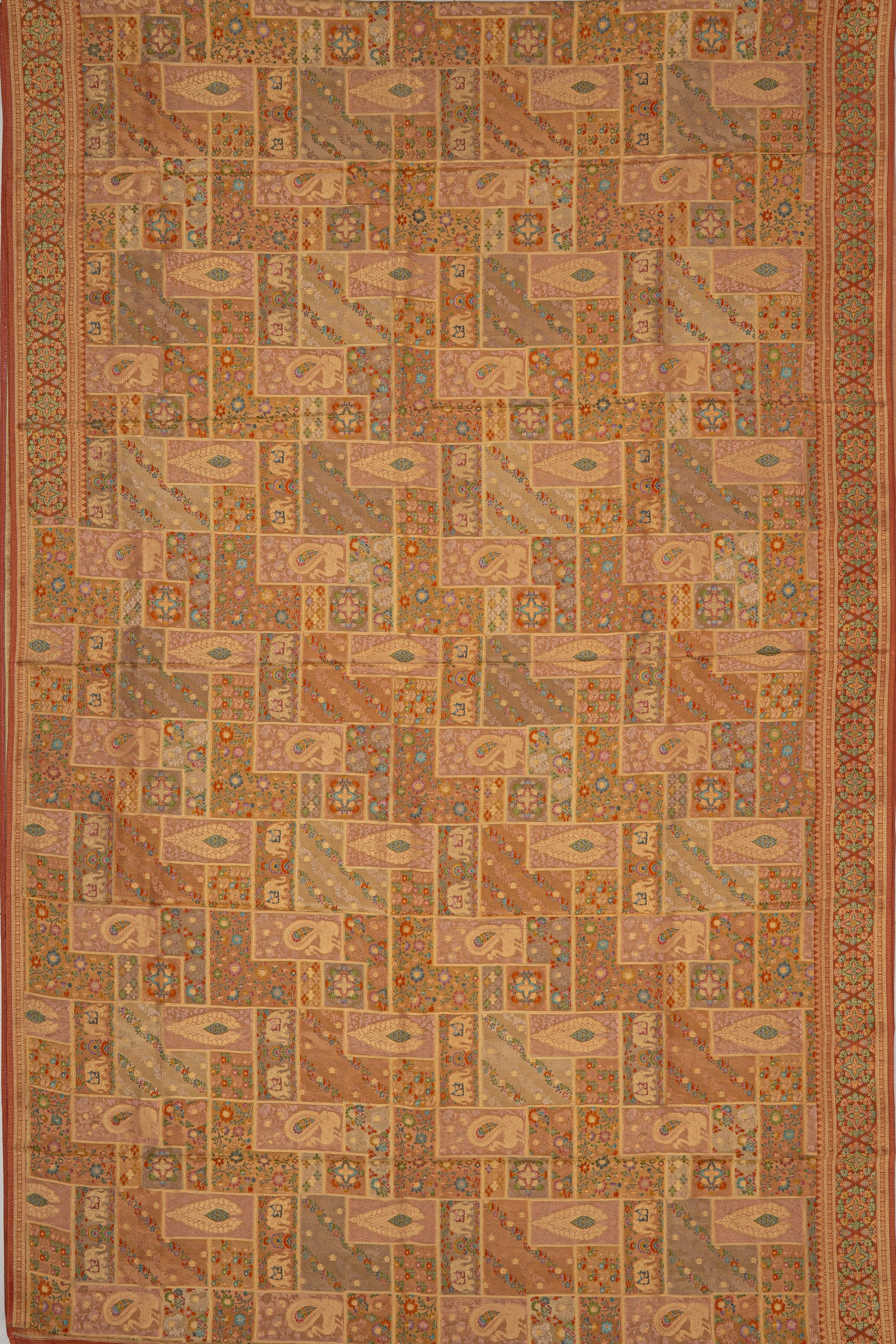 Orange and Pink Dola Silk Saree with Block Print