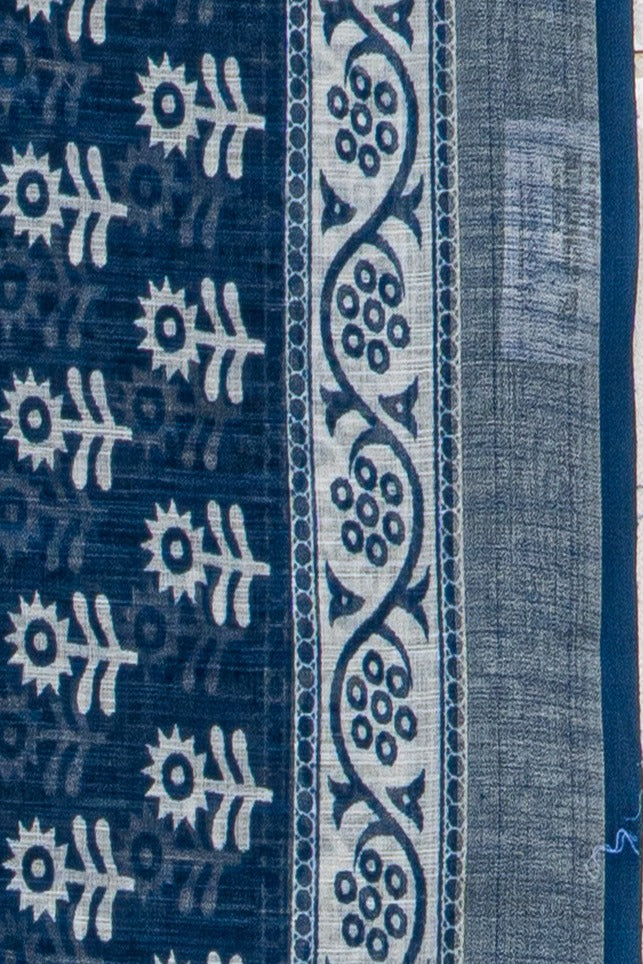 Blue Cotton Saree with Floral Print