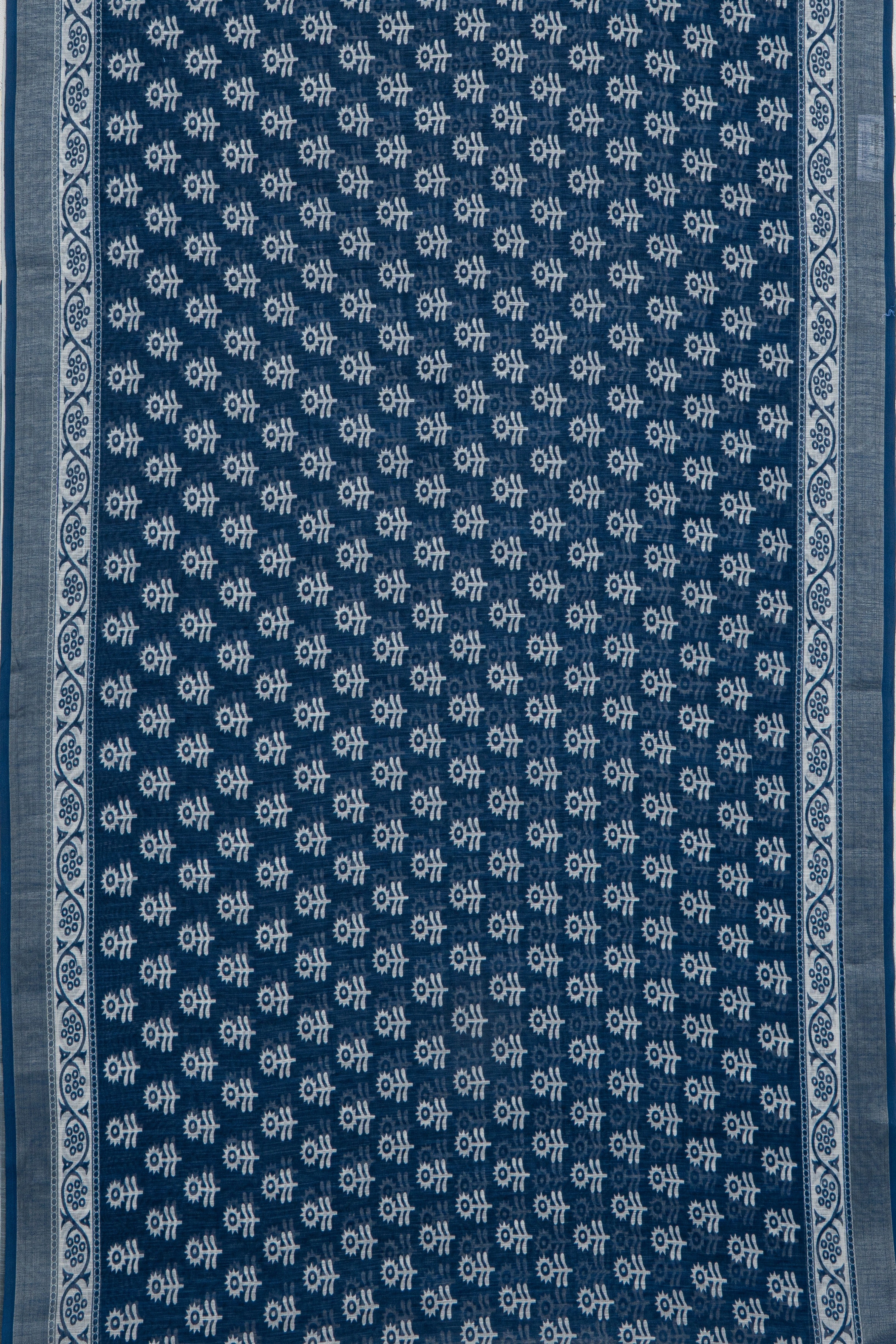 Blue Cotton Saree with Floral Print