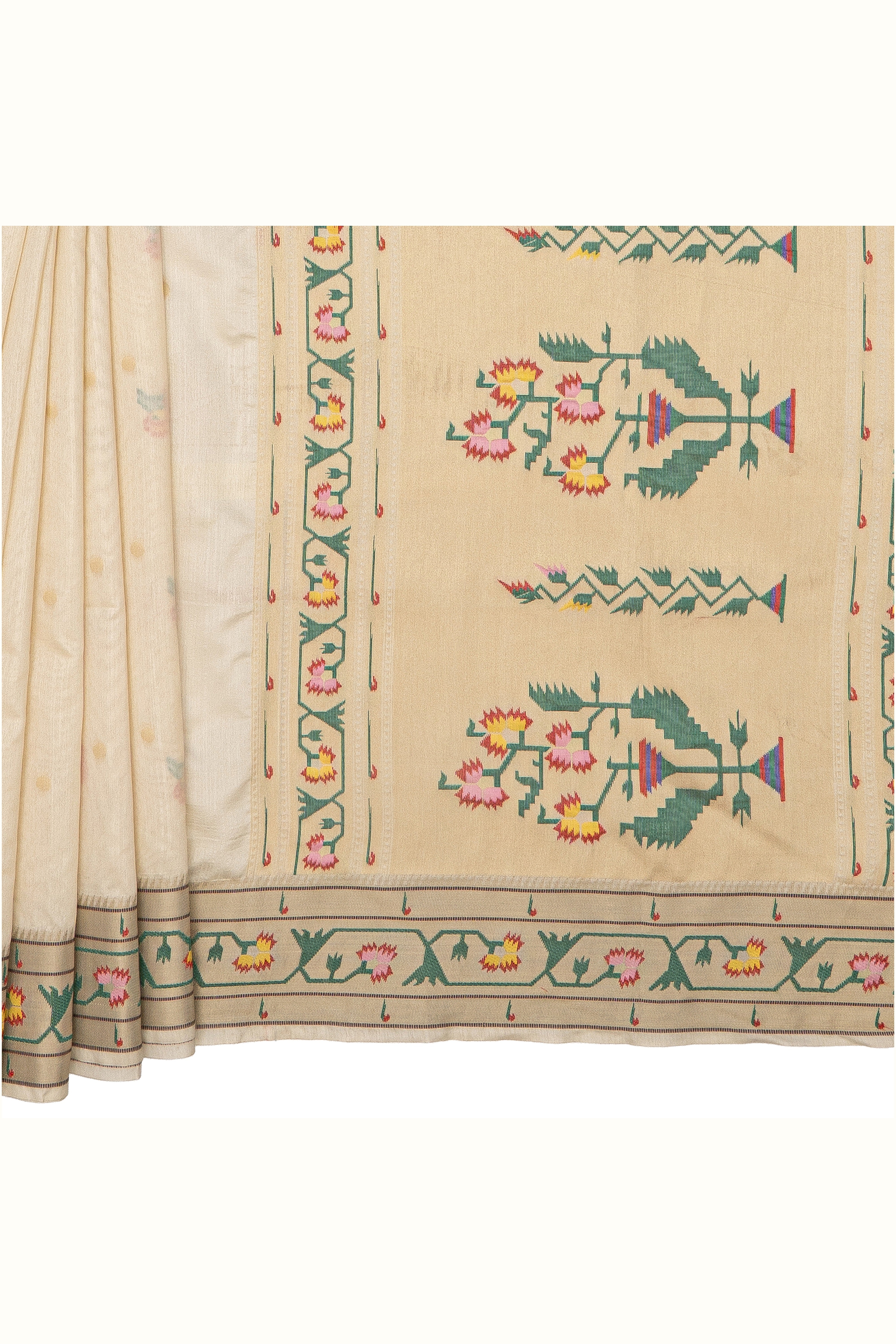 Cream Tussar Silk Paithani Saree with Asawali Border