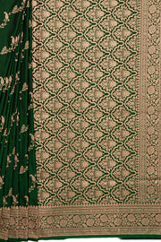 Bottle Green Soft Silk Banarasi Saree with Jaal pattern