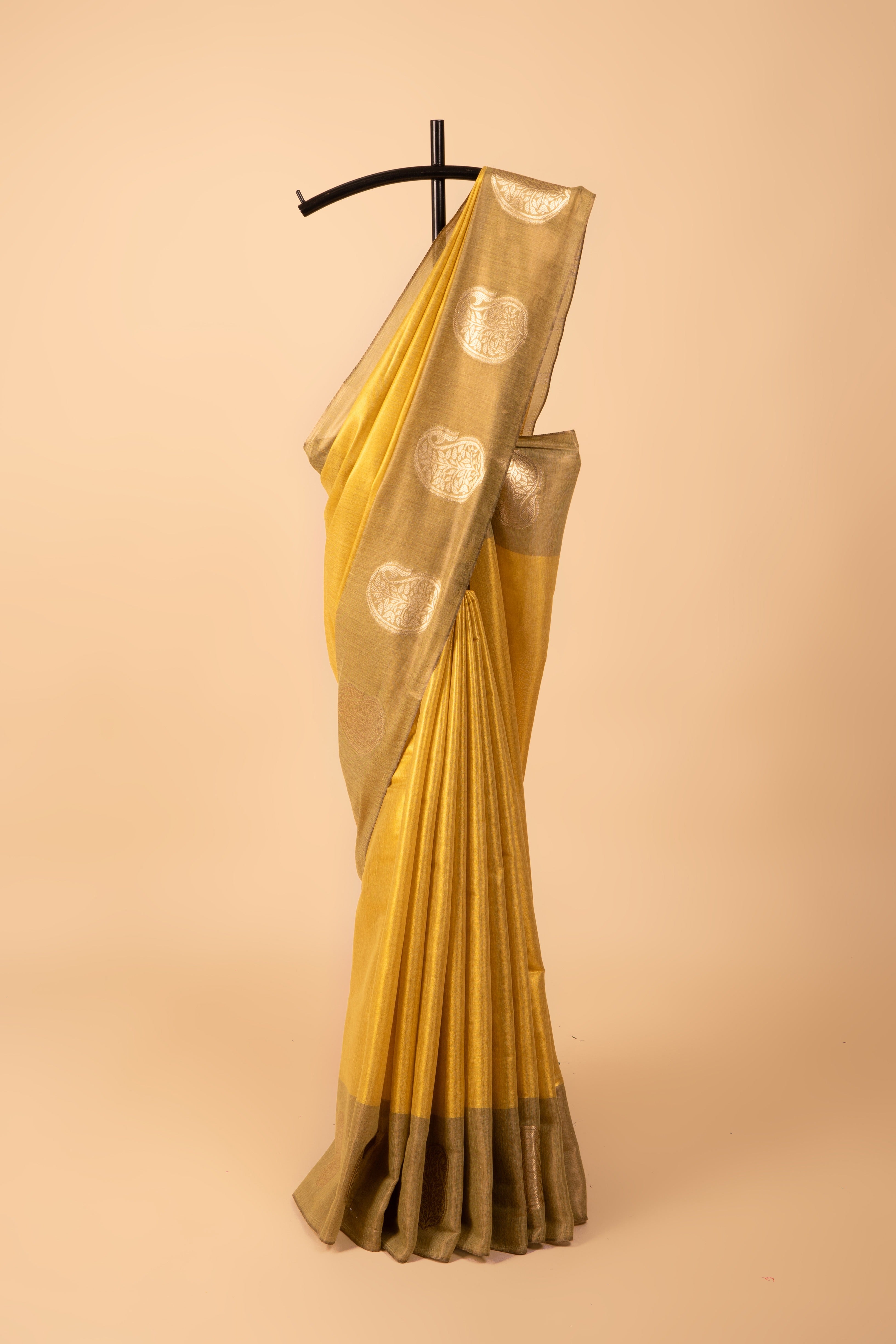 Gold Silk Saree with contrast Olive Green border