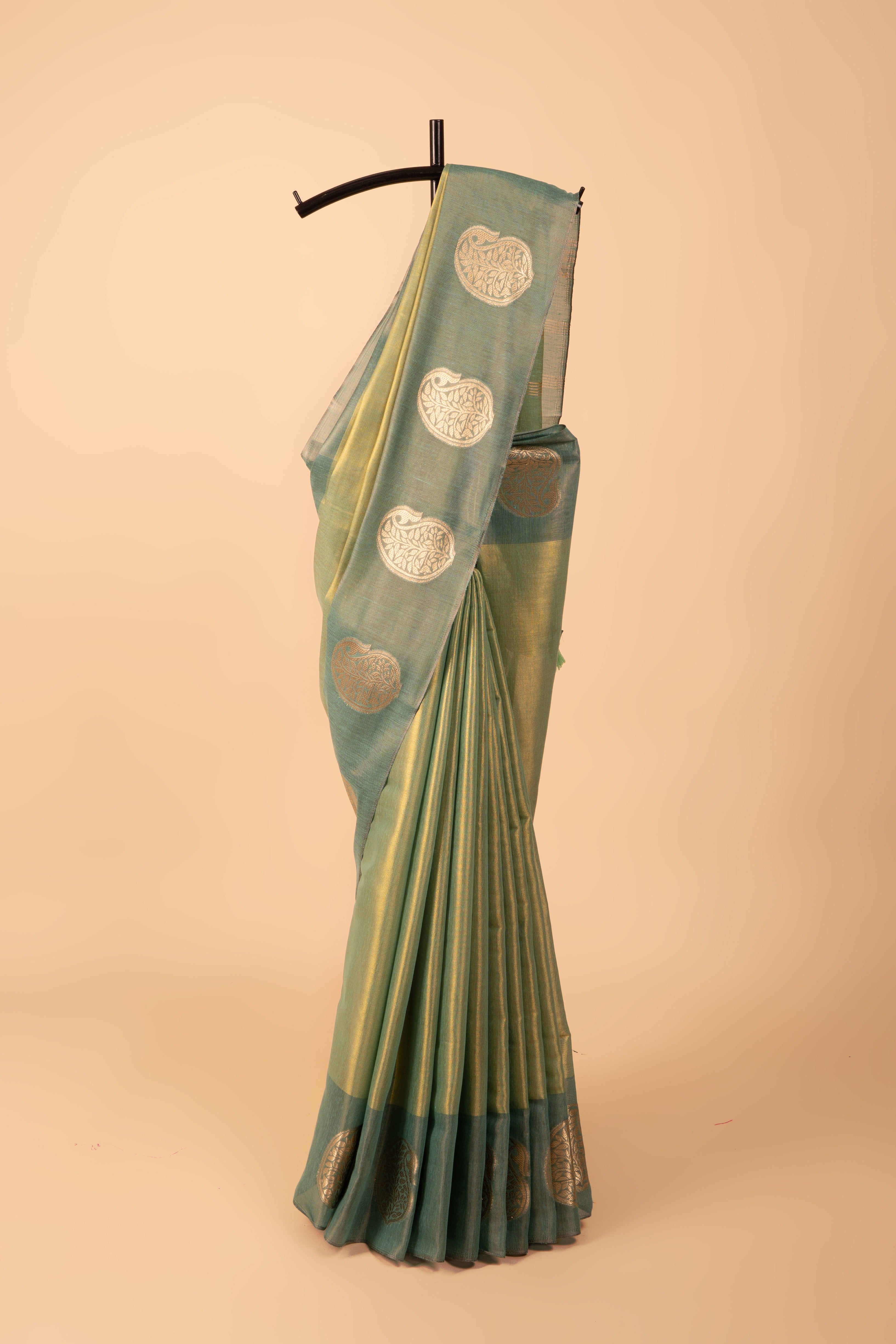 Green Tissue Silk Saree with contrast Forest Green border