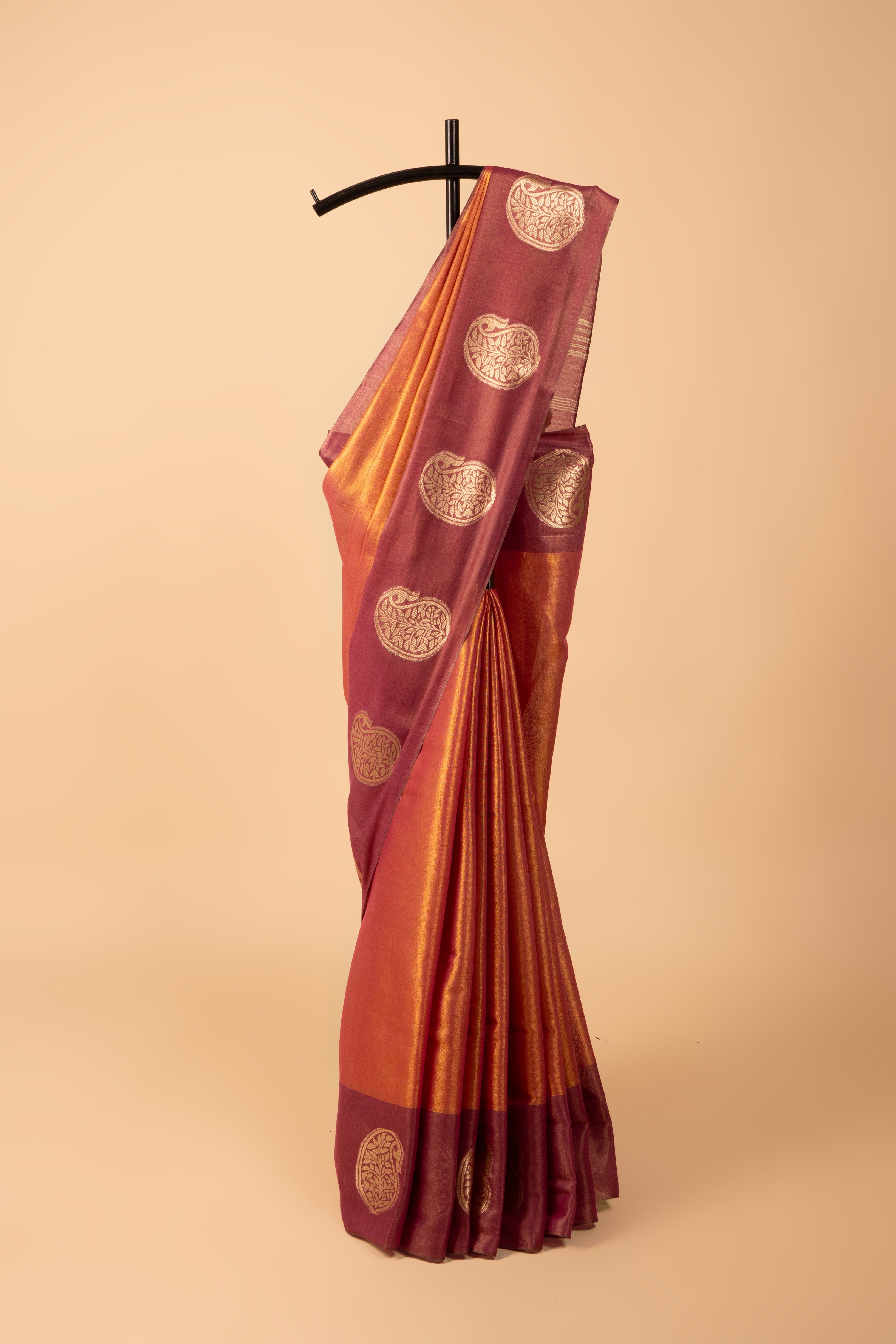 Rose Gold Tissue Silk Saree with contrast Dark Pink border