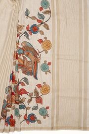 Cream Jute Silk Saree with Peacock Jaal Patchwork