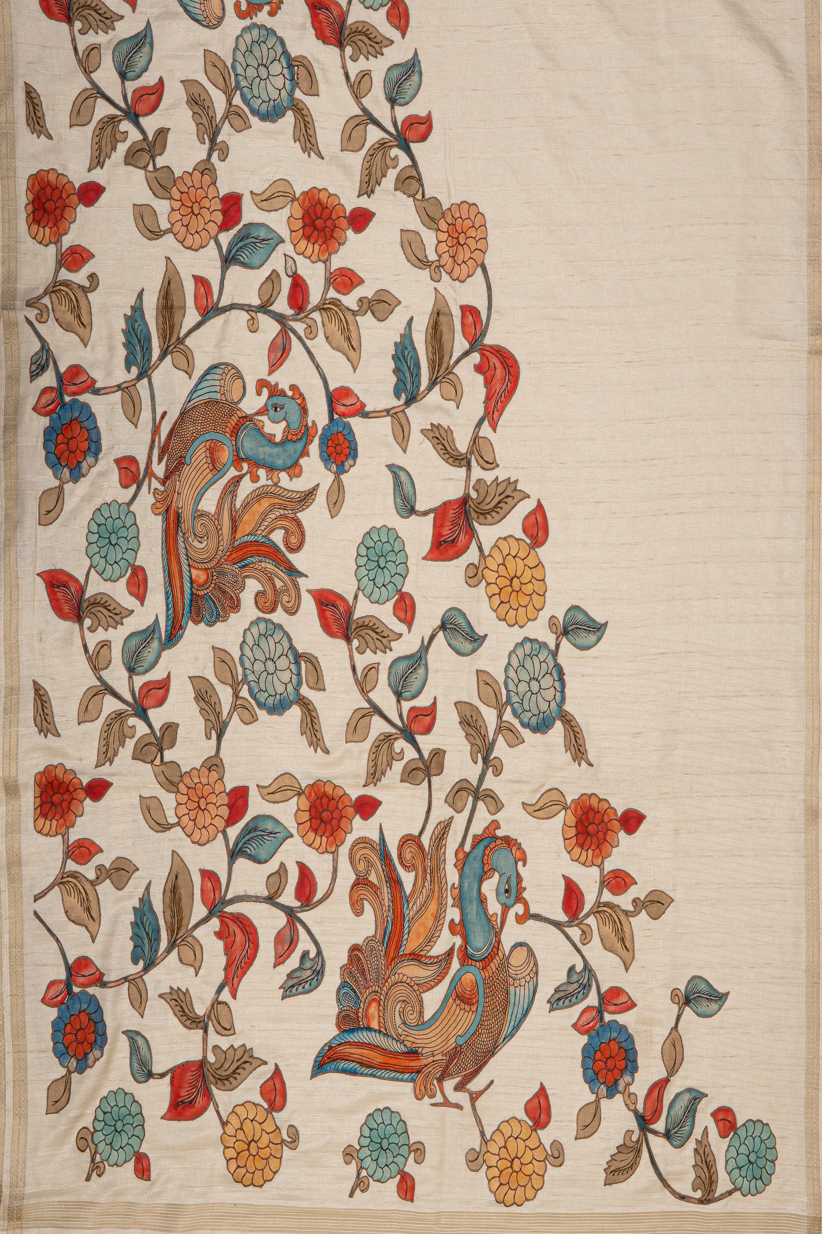 Cream Jute Silk Saree with Peacock Jaal Patchwork