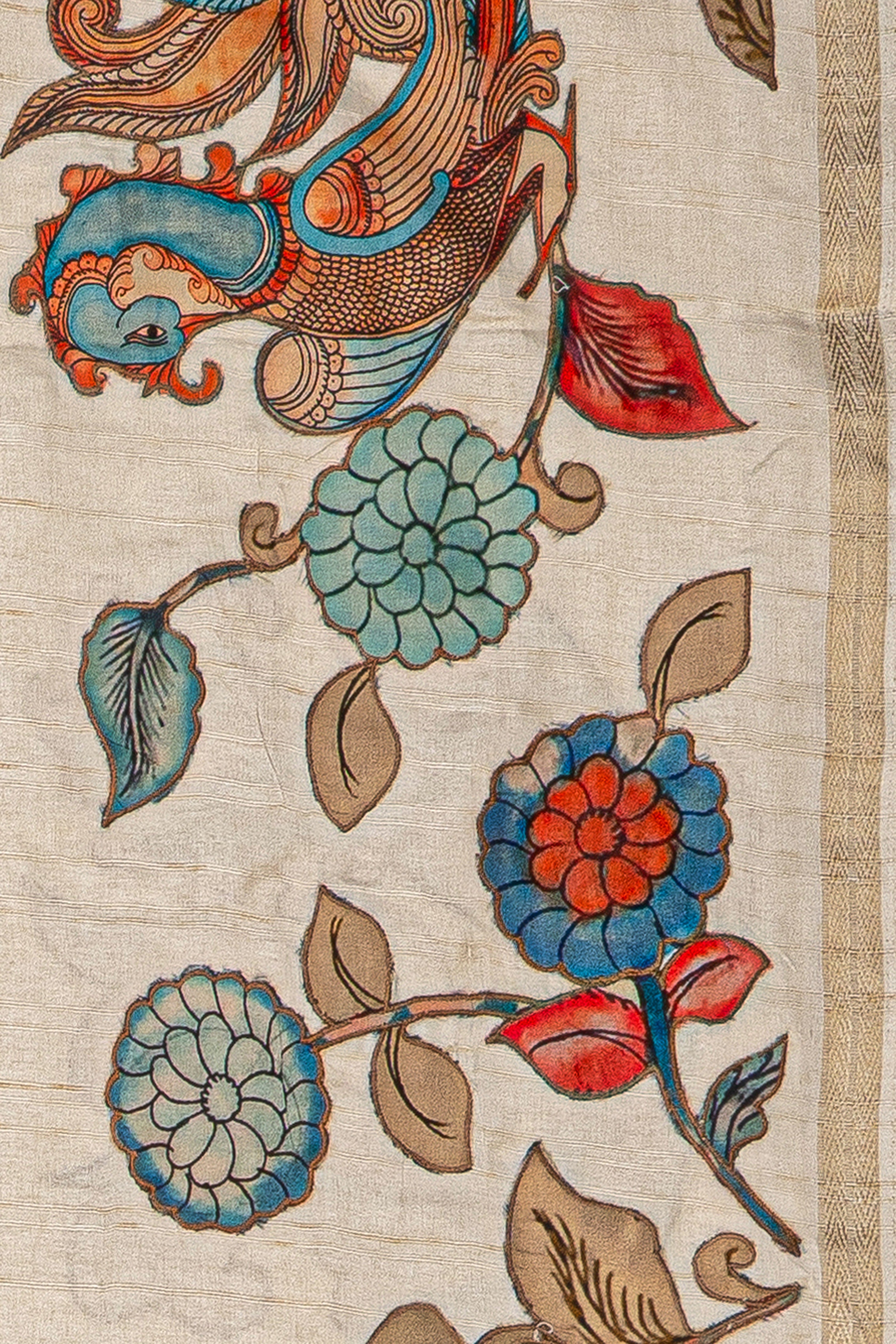 Cream Jute Silk Saree with Peacock Jaal Patchwork