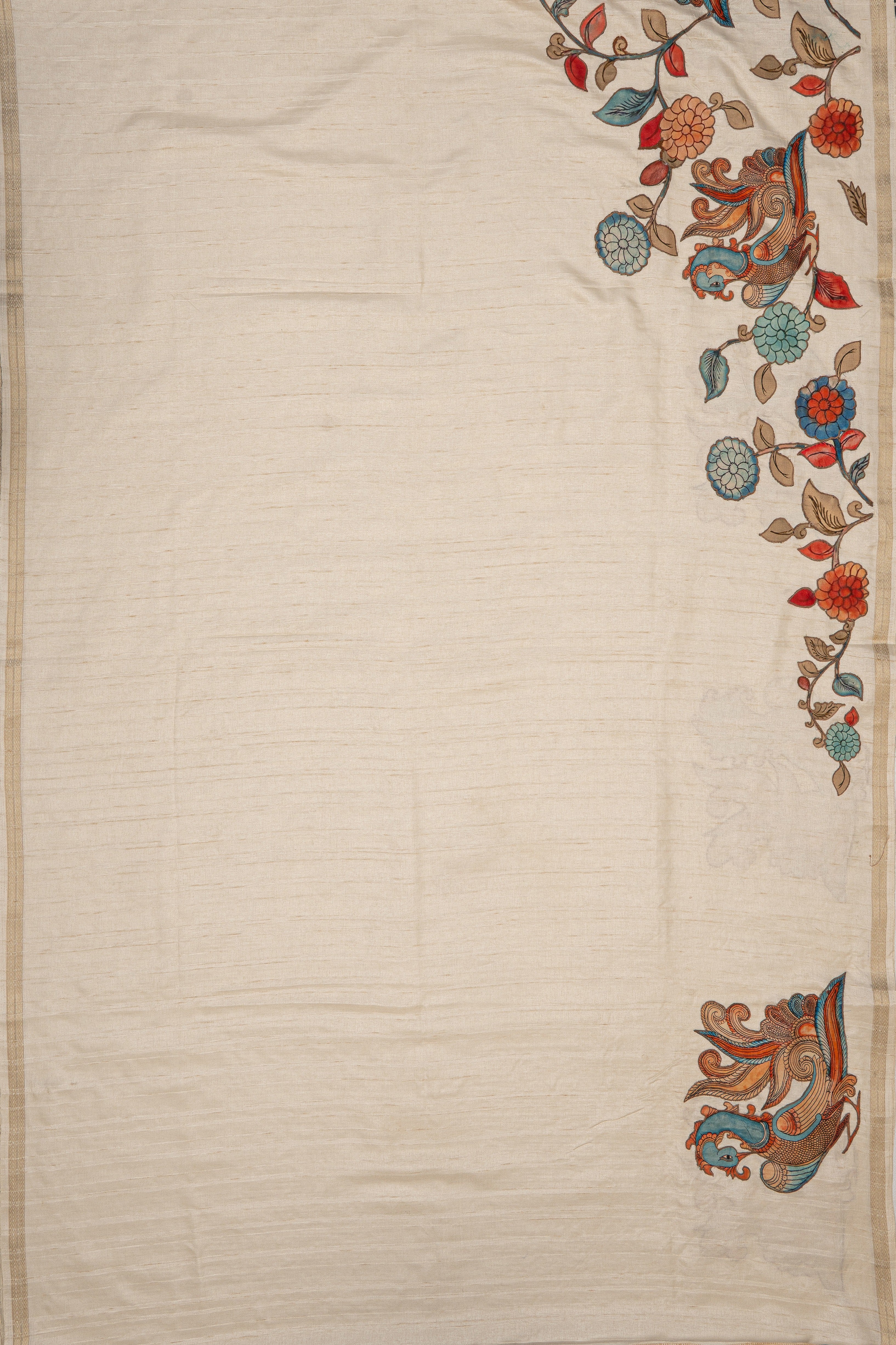 Cream Jute Silk Saree with Peacock Jaal Patchwork