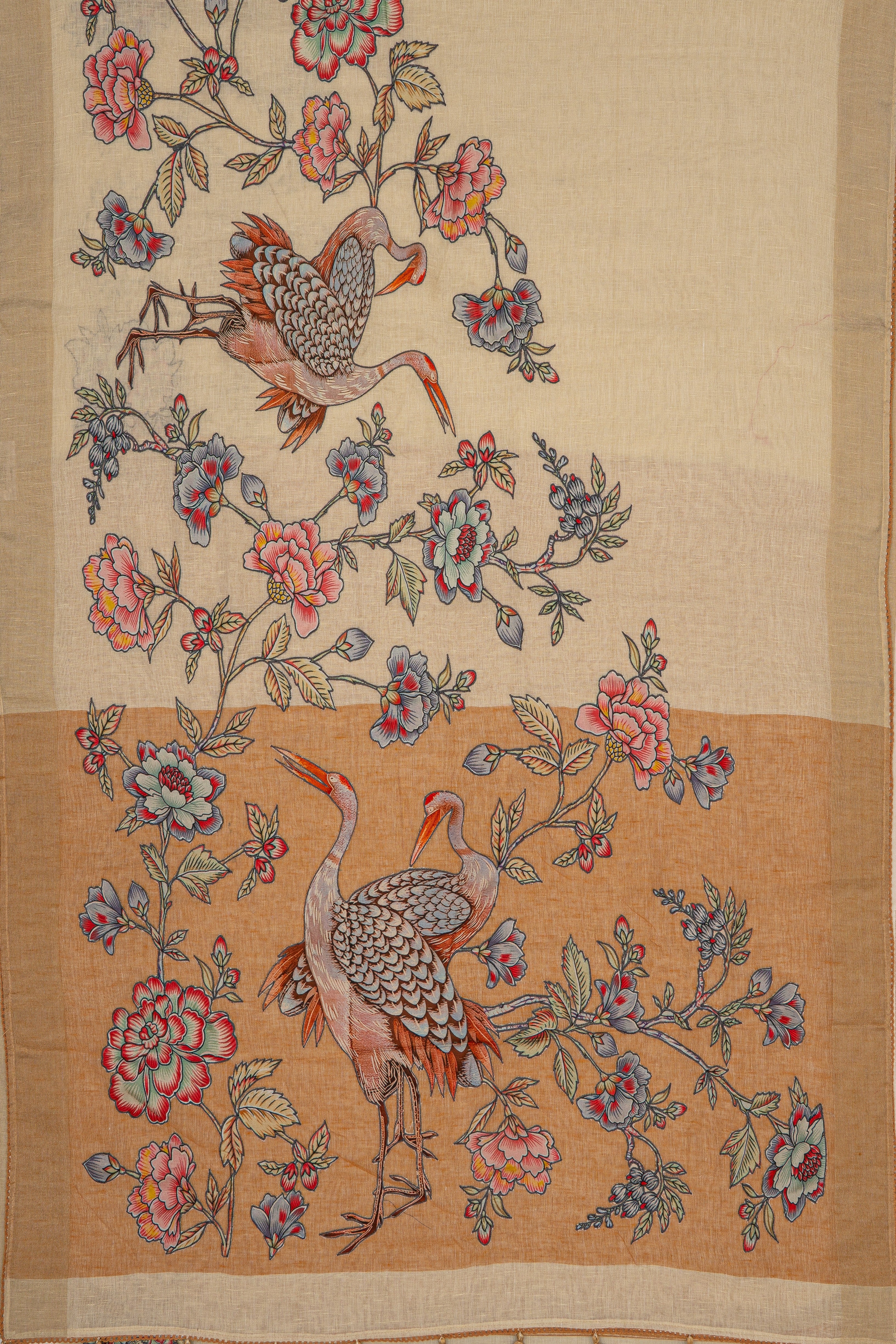 Beige Jute Silk Saree with Floral Patchwork and Brown contrast