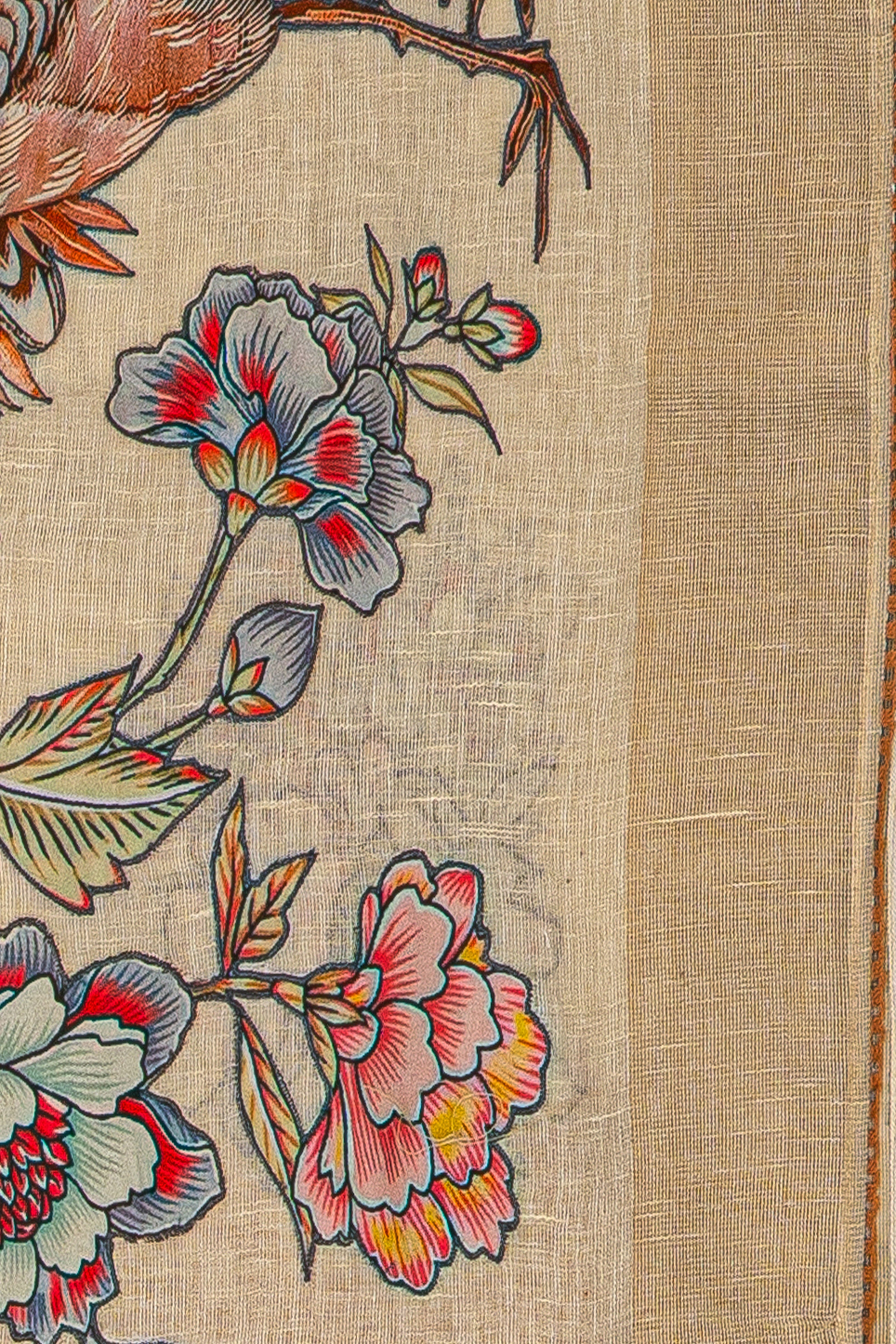 Beige Jute Silk Saree with Floral Patchwork and Brown contrast