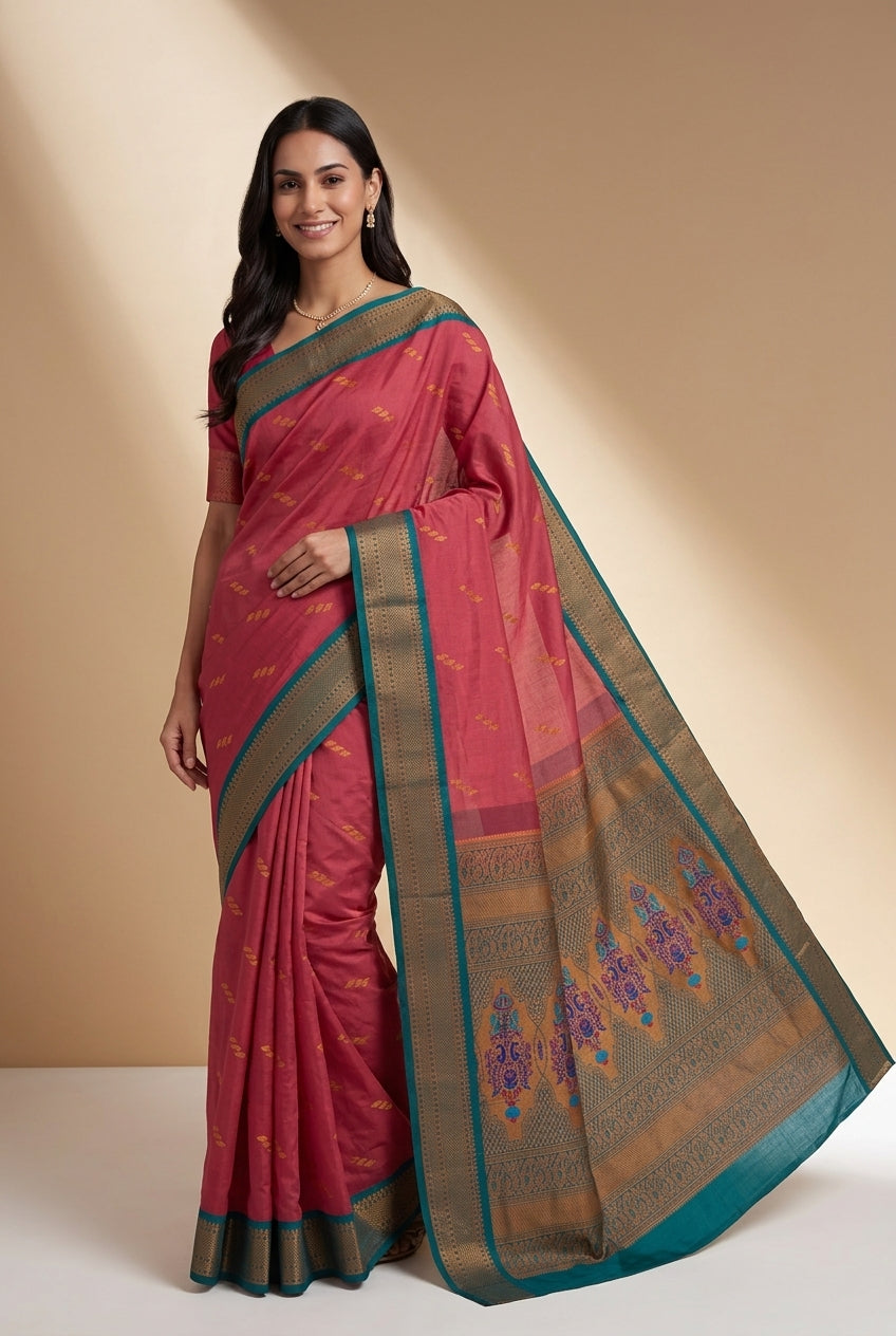 Berry Pink Apurva Silk Paithani Saree with contrast Morpankhi blouse and border
