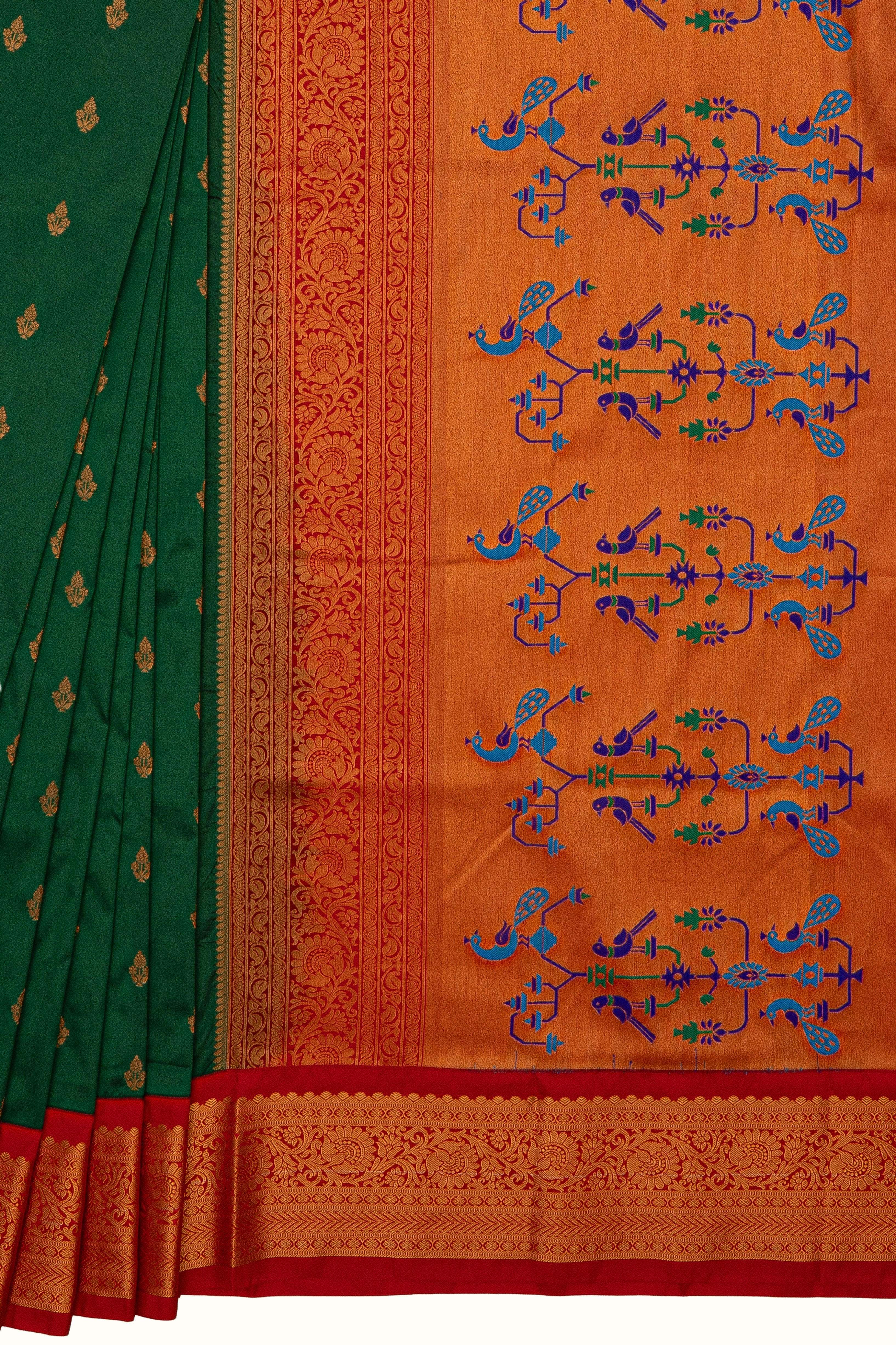 Bottle Green Apurva Silk Paithani Saree with contrast Red border