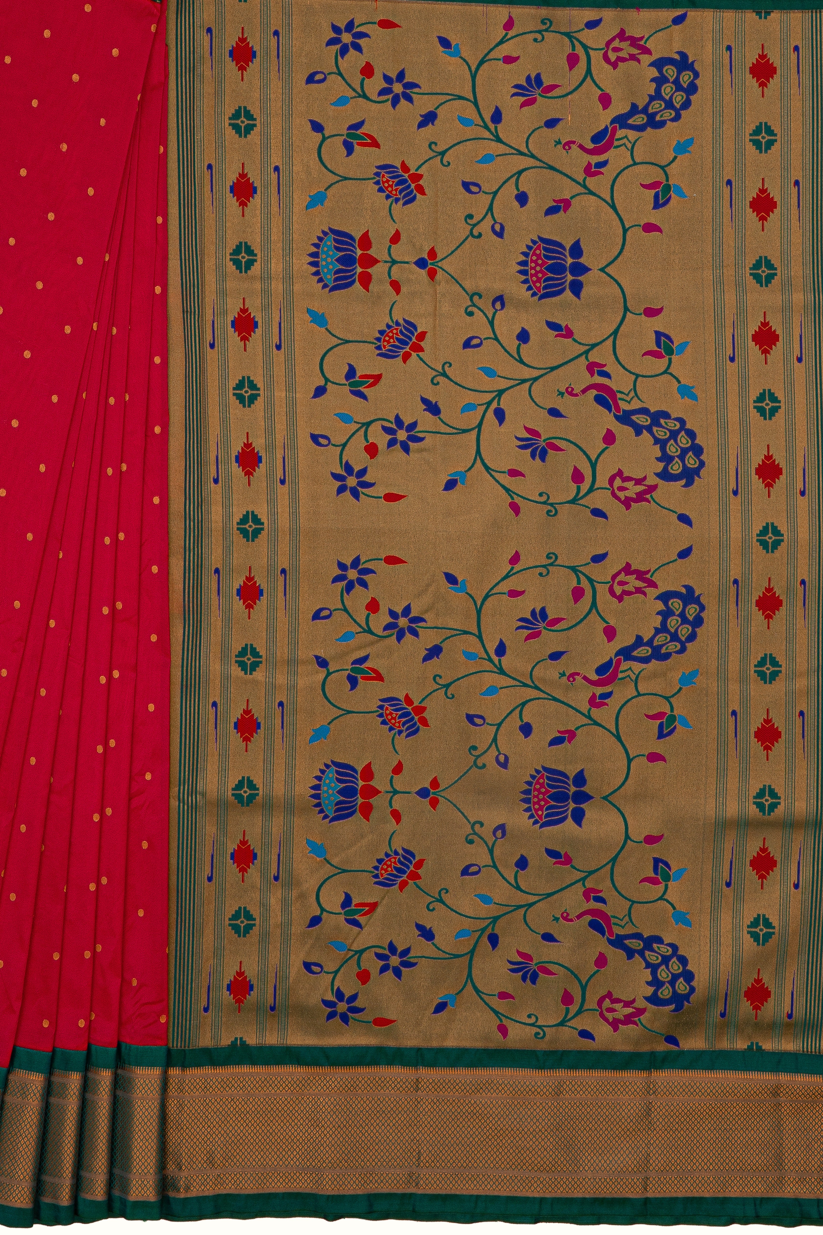 Rani Pink Apurva Silk Kadiyal Paithani Saree with Peacock Green border
