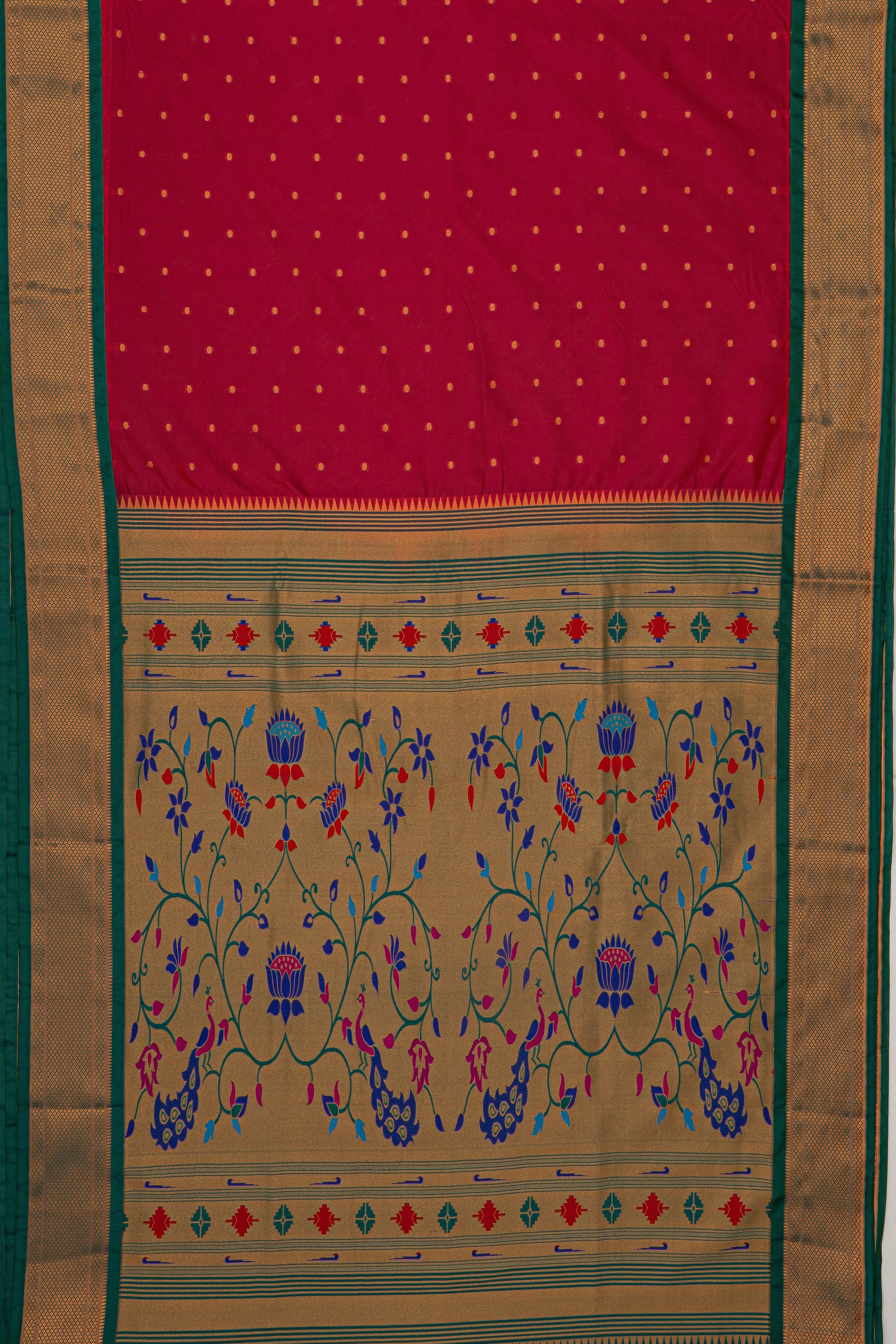 Rani Pink Apurva Silk Kadiyal Paithani Saree with Peacock Green border