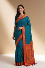 Blue Apurva Silk Paithani Saree with contrast Red border and blouse