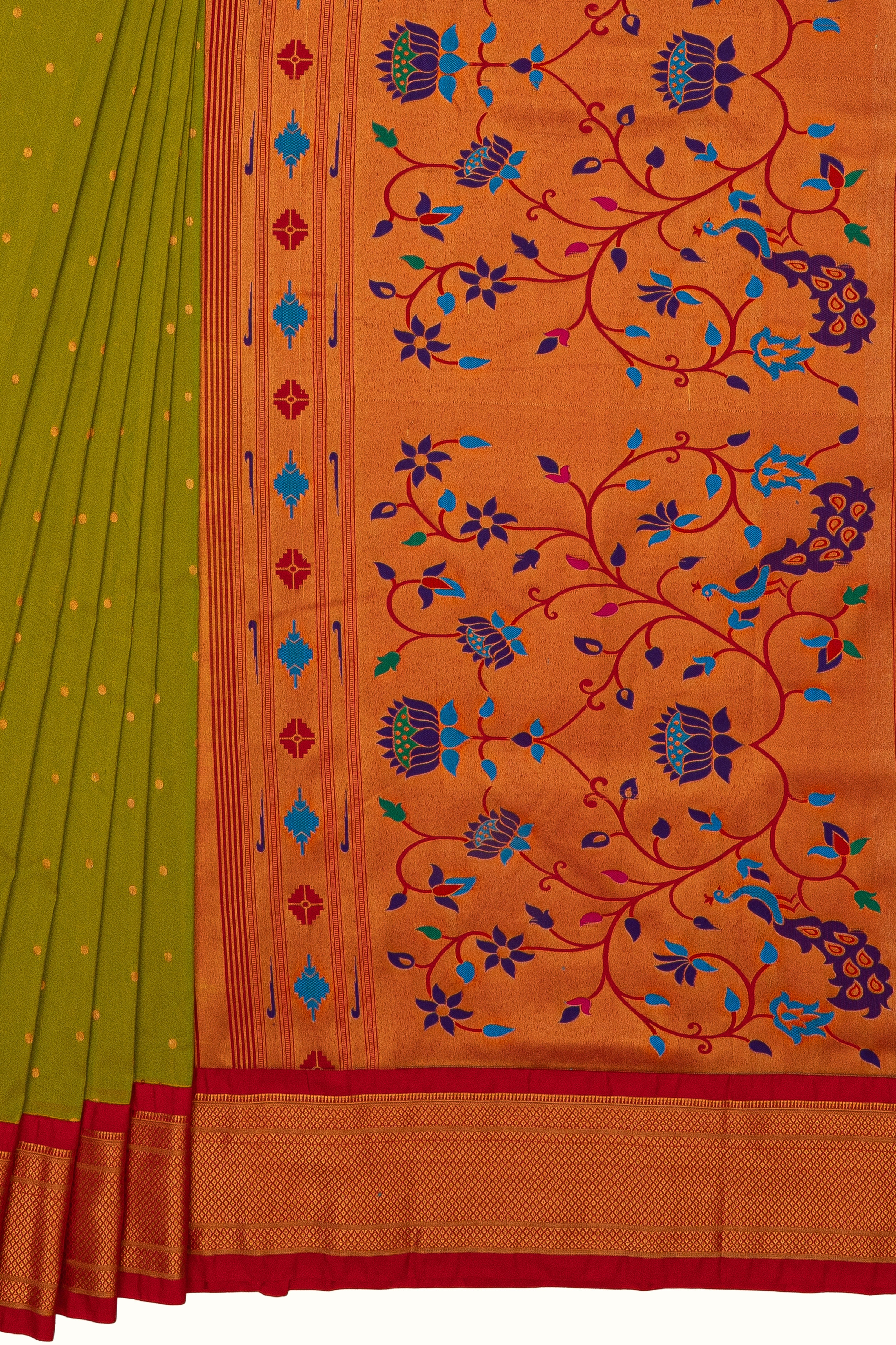 Lime Green Apurva Silk Paithani Saree with contrast Red border
