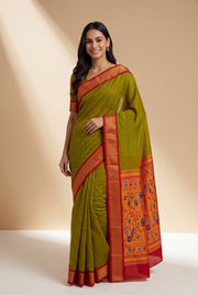 Lime Green Apurva Silk Paithani Saree with contrast Red border