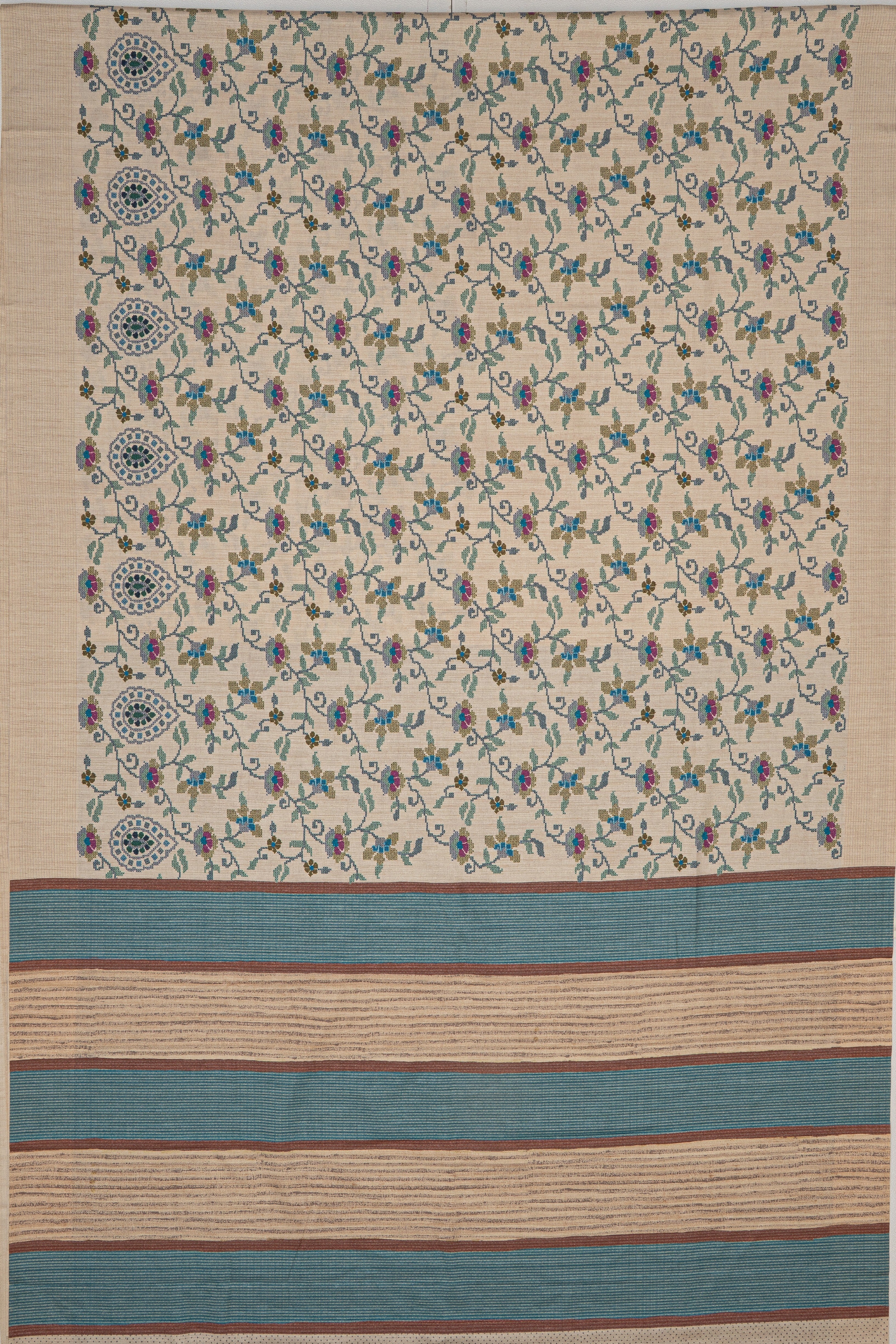 Cream Tussar Silk Saree with Blue Jaal print