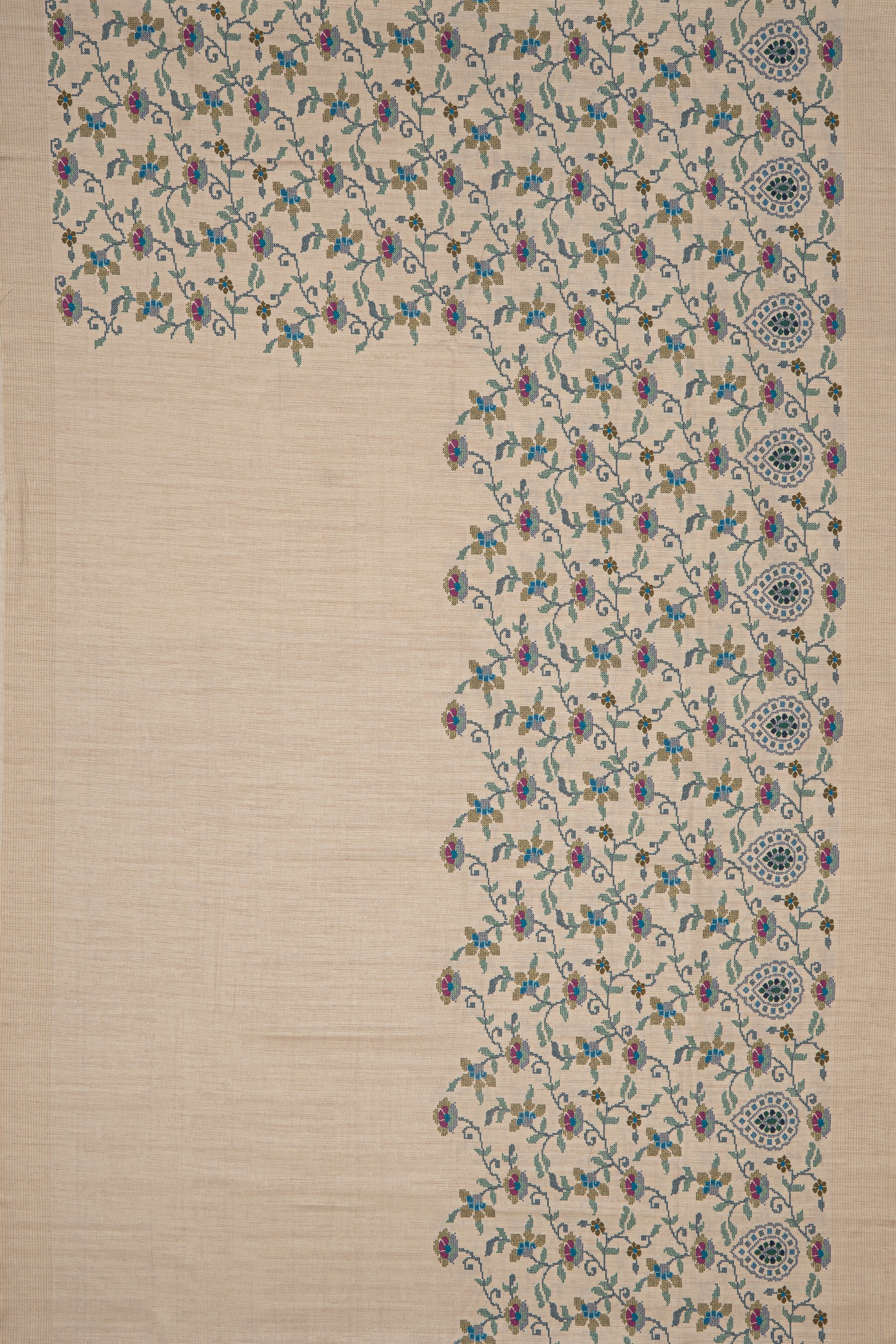 Cream Tussar Silk Saree with Blue Jaal print