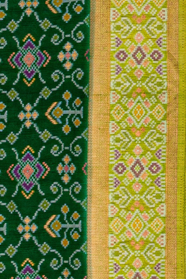 Dark Green Tussar Silk Patola Saree with contrast Lime Green border