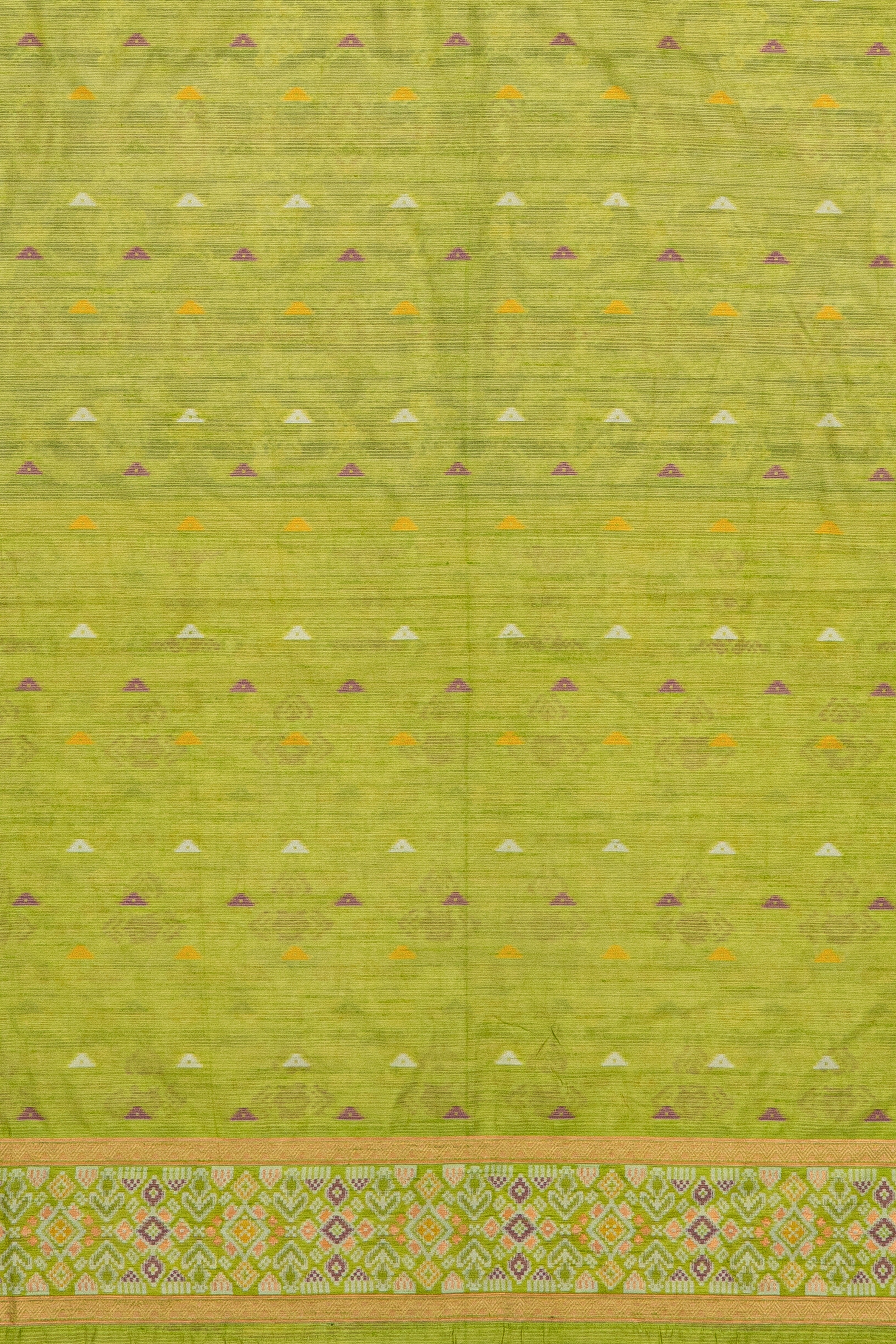 Dark Green Tussar Silk Patola Saree with contrast Lime Green border