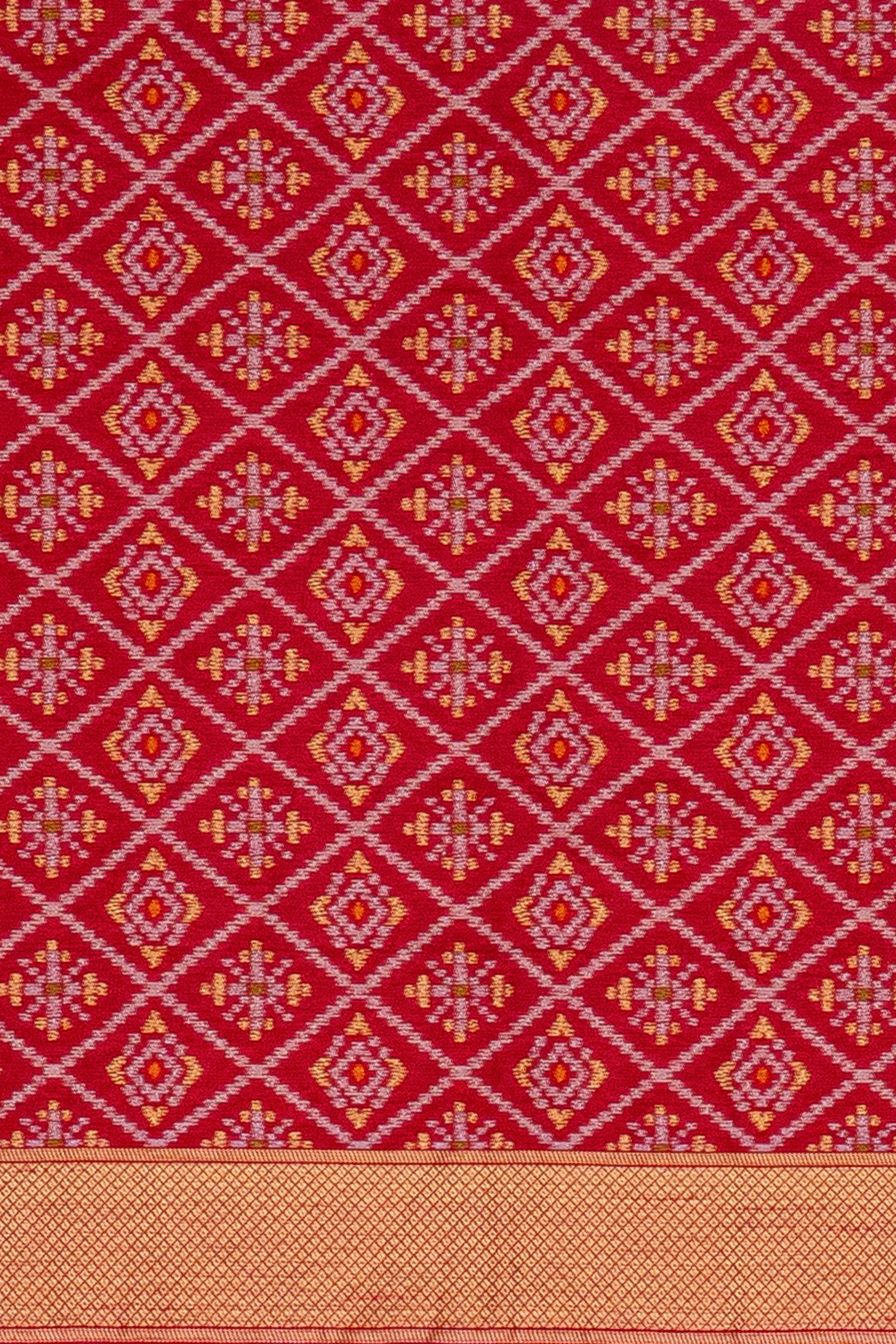 Mustard Yellow Tussar Silk Patola Saree with contrast Red border