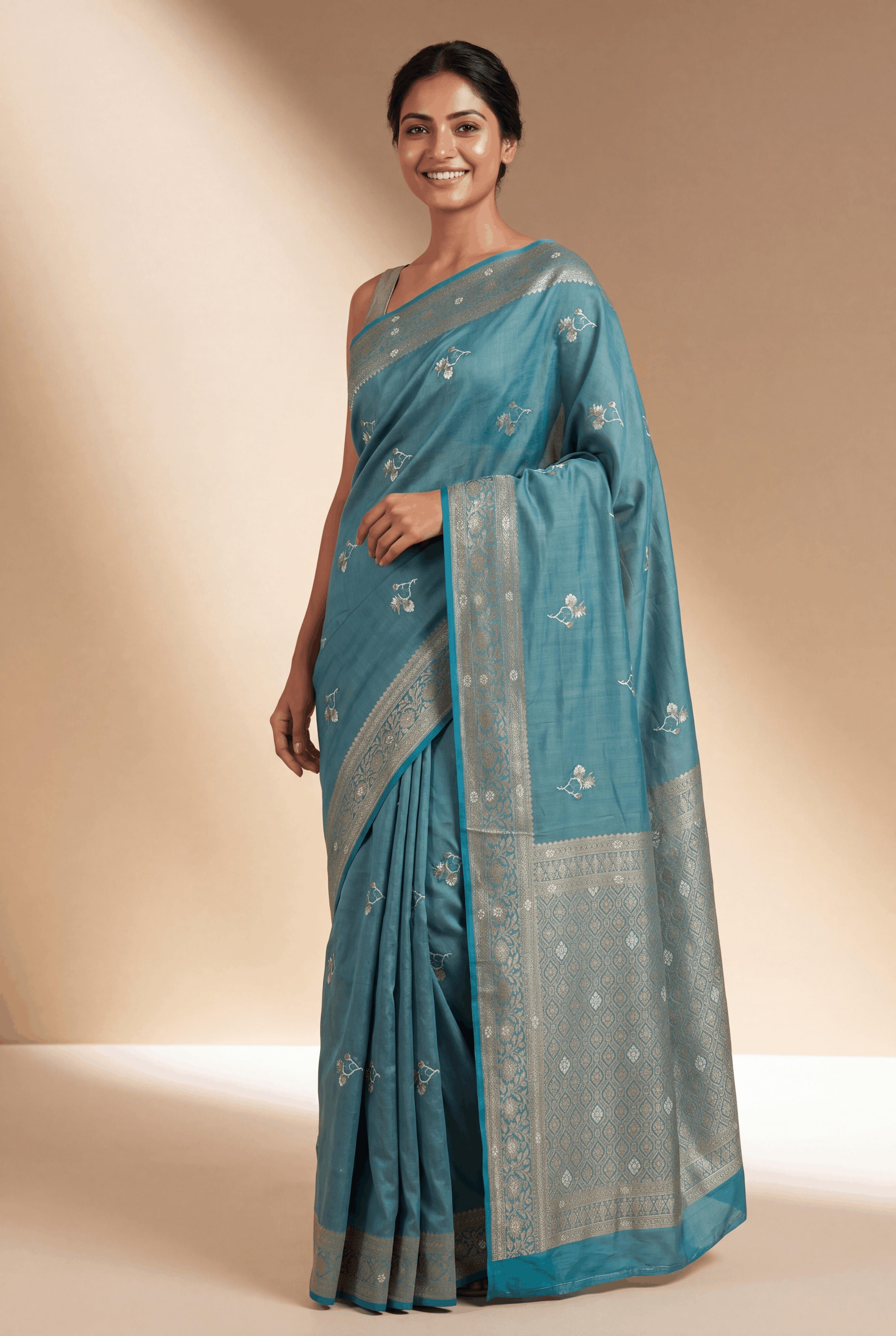 Sea Green Soft Silk Saree with Gold and Silver Zari Floral motifs