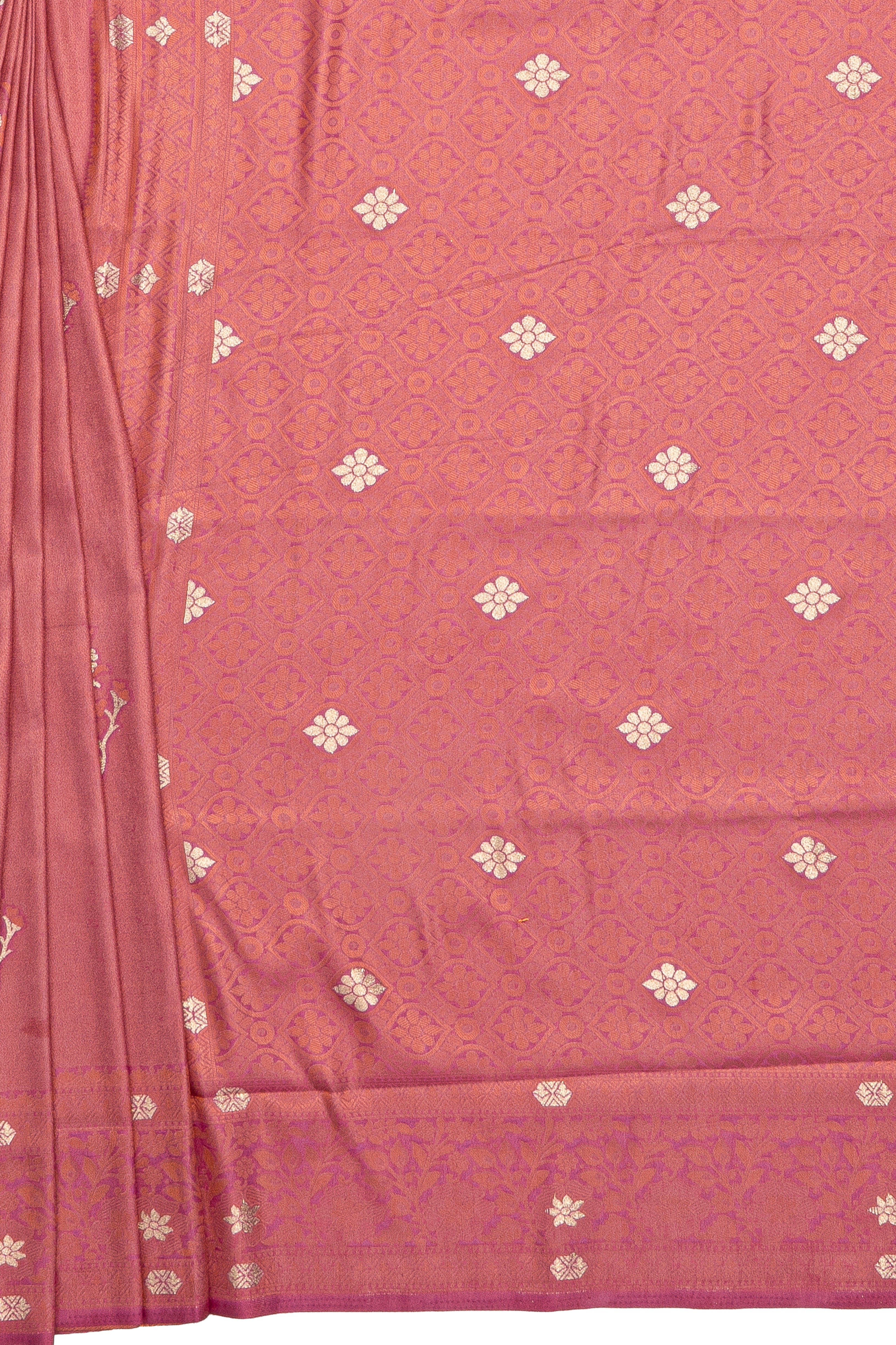 Pink Soft Silk Saree with Gold and Silver Zari Floral motifs