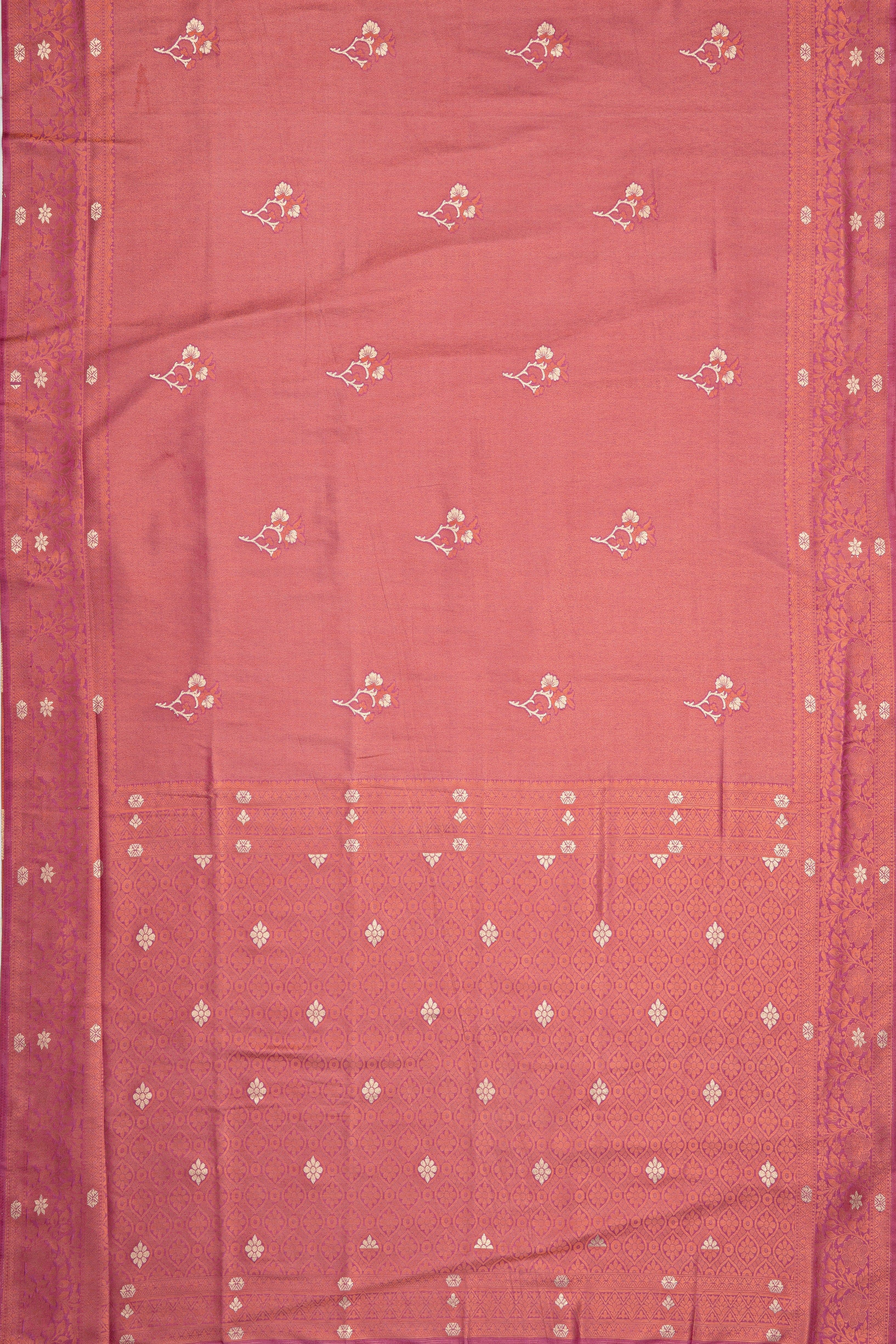 Pink Soft Silk Saree with Gold and Silver Zari Floral motifs