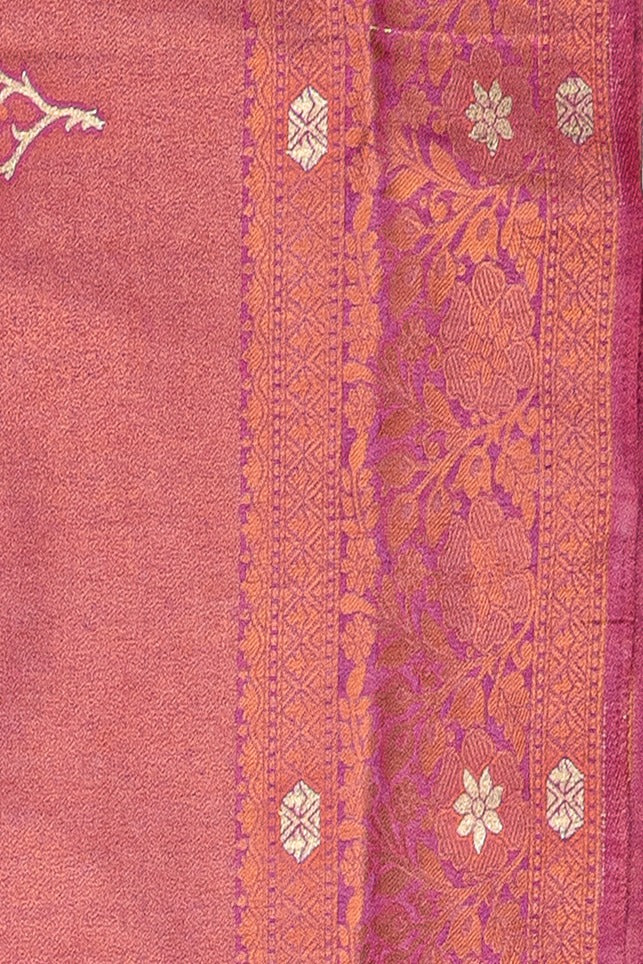 Pink Soft Silk Saree with Gold and Silver Zari Floral motifs