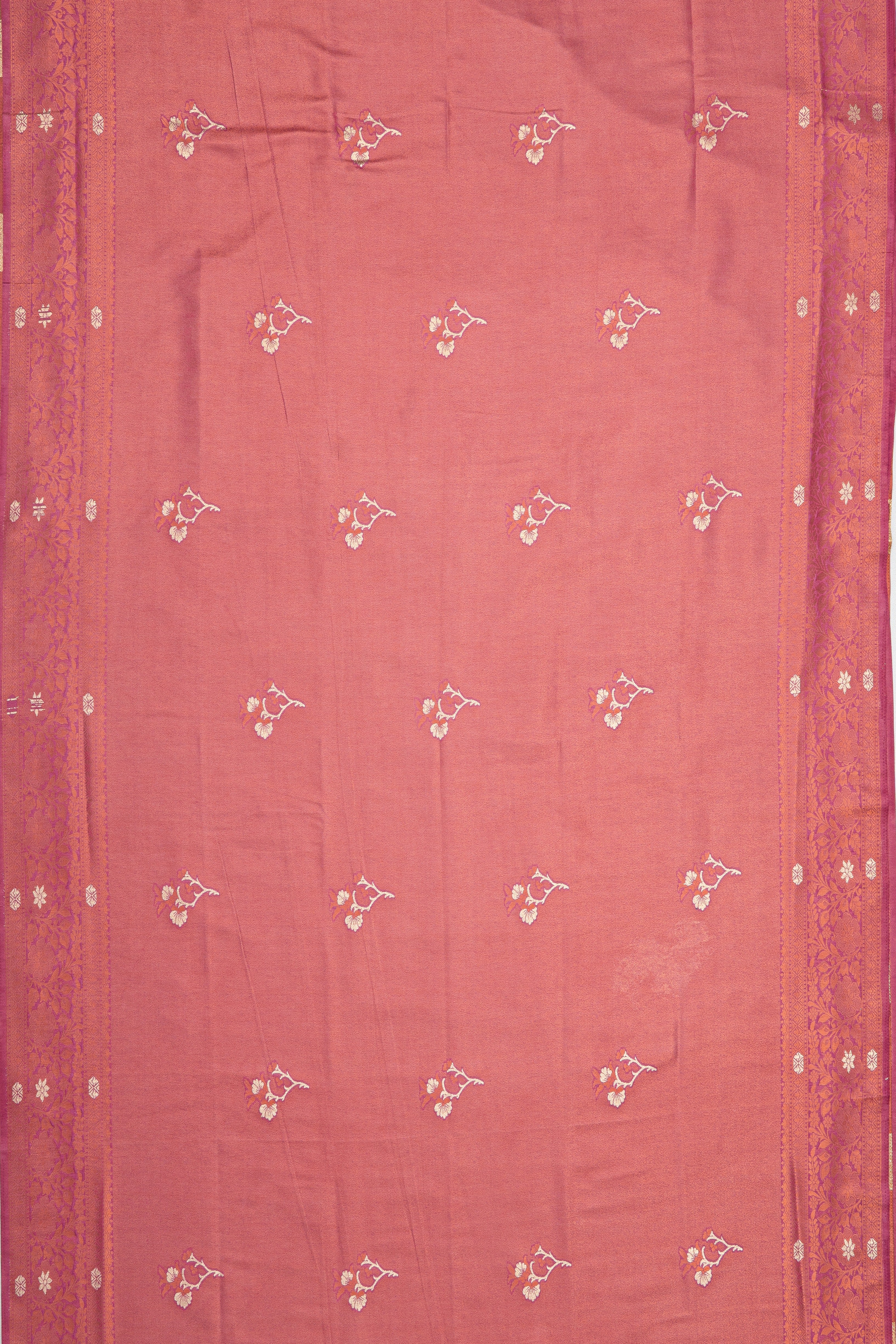 Pink Soft Silk Saree with Gold and Silver Zari Floral motifs