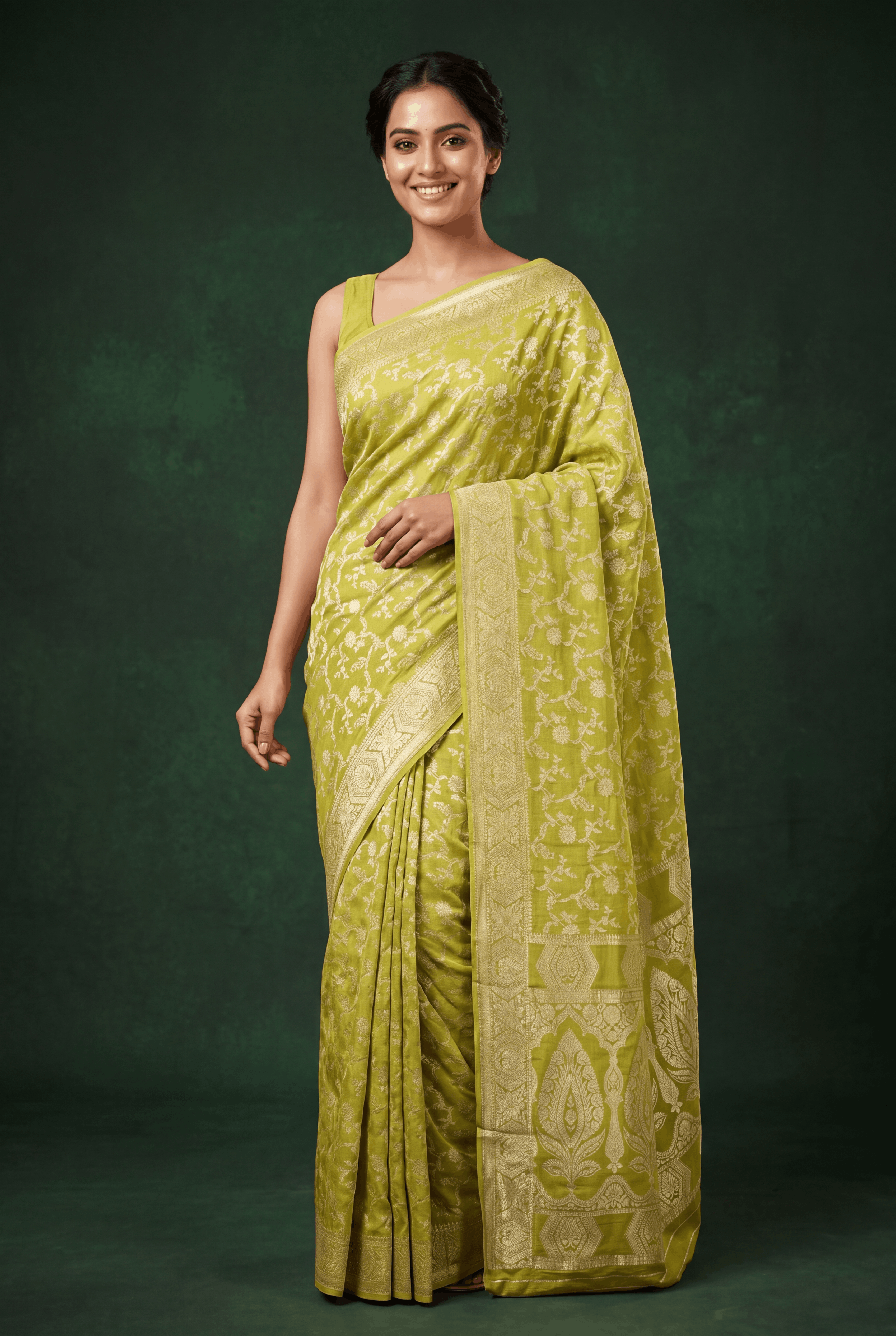 Lime Green Crepe Silk Saree with Veil Zariwork