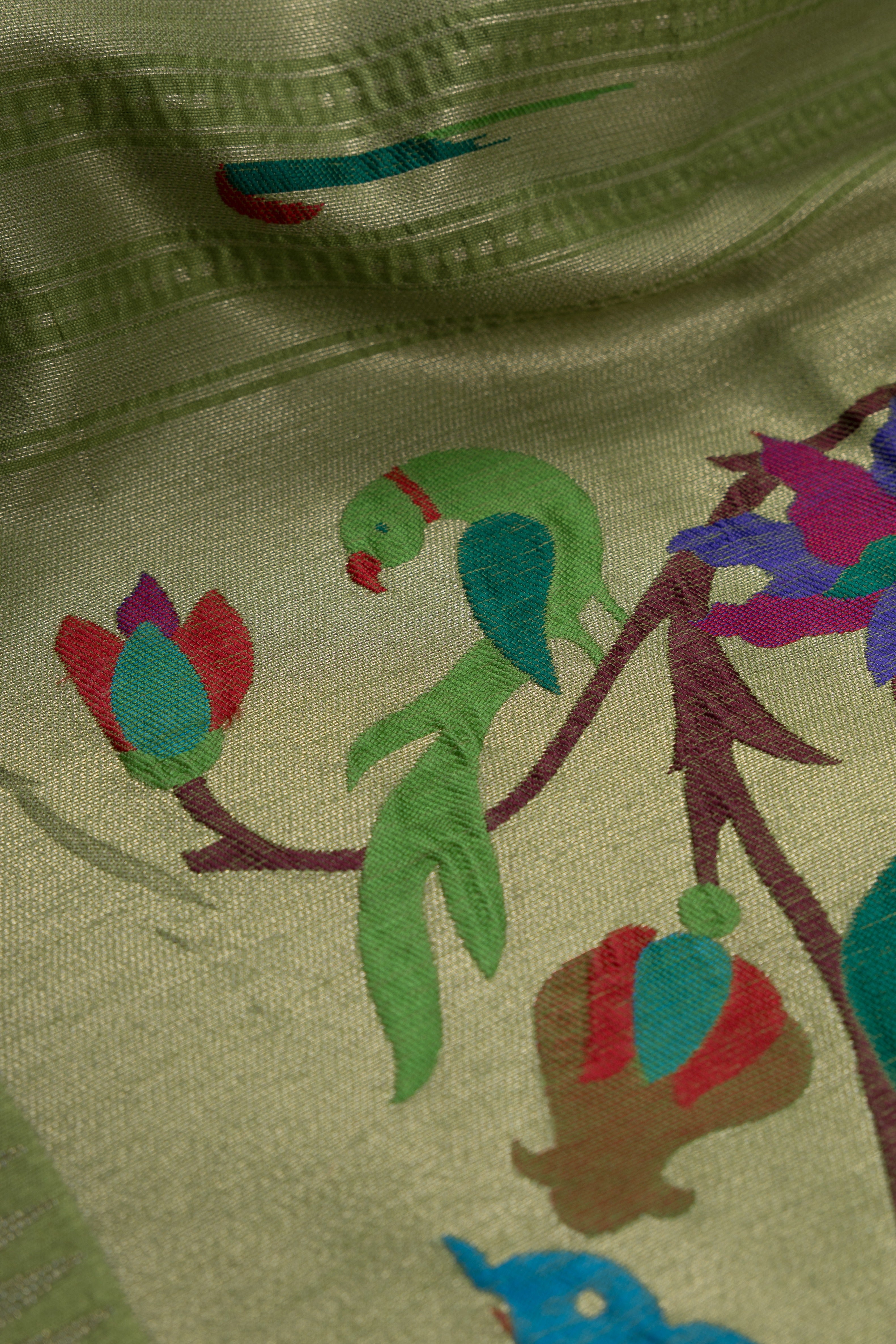 Lime Green Tussar Silk Munya Paithani with Tissue Jaal blouse